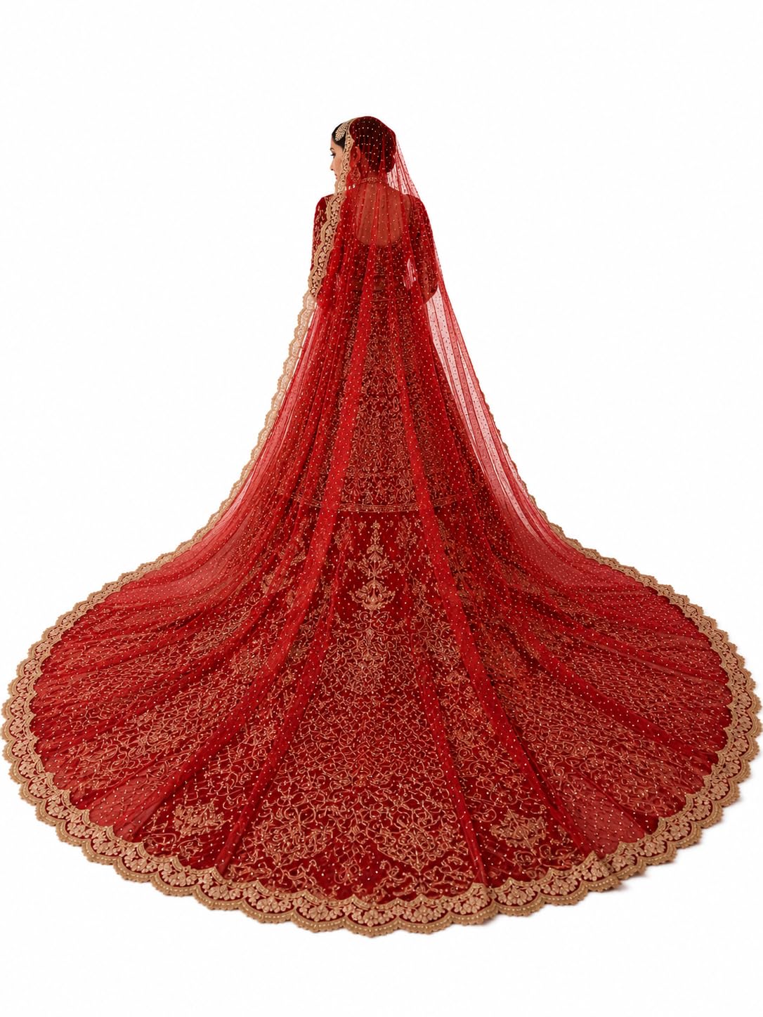 Bridal Veil Dupatta | 3 Meter Circular Veil | Soft Stone Net | Front Ghunghat Tassel Lace | Sequin Scallop Lace | Wedding & Bridal Dupatta-image-28