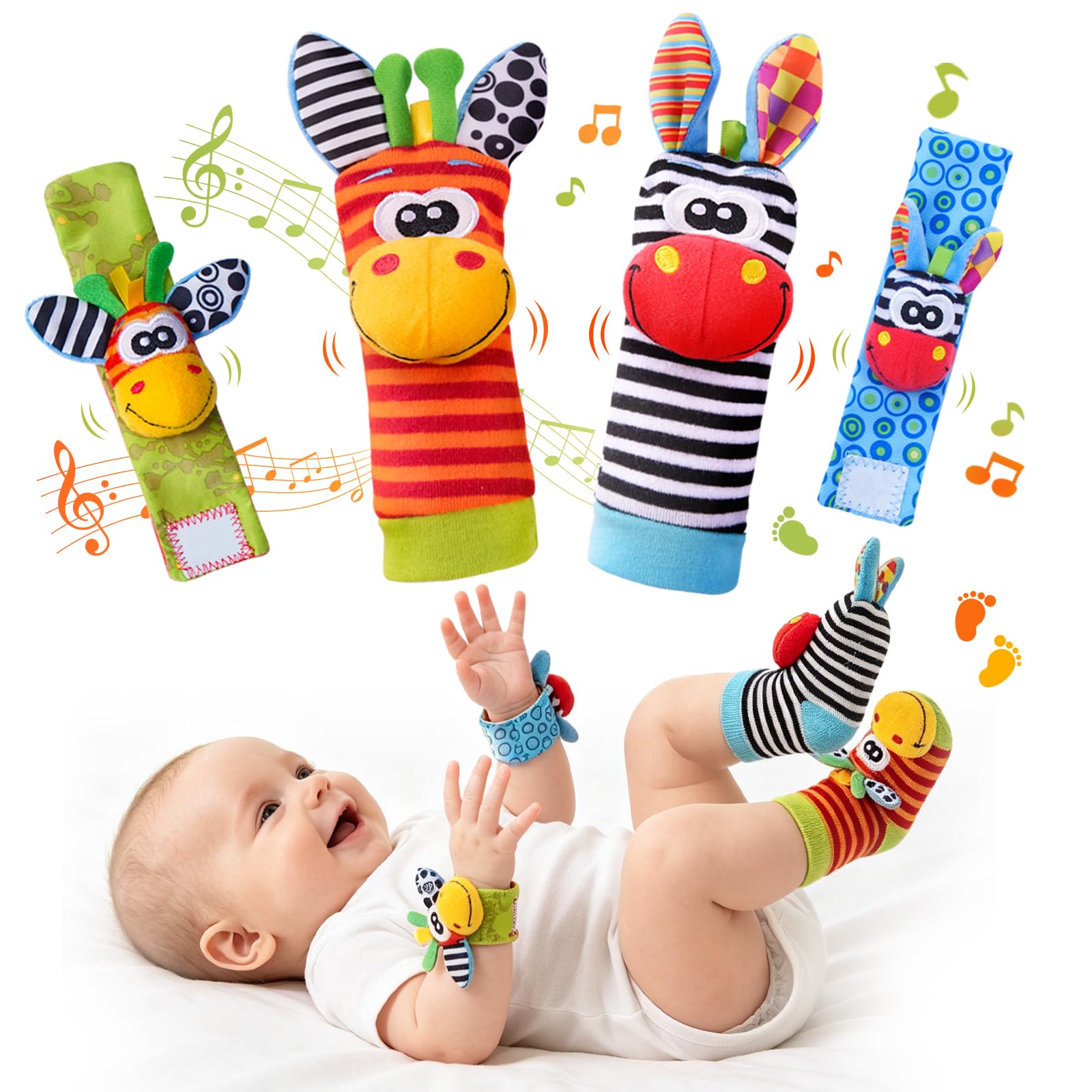 Baby Toys 0-6 Months, Infant Wrist Rattles and Foot Finder Socks Set | Soft Plush Crinkle, Sensory reaching and kicking, Sens