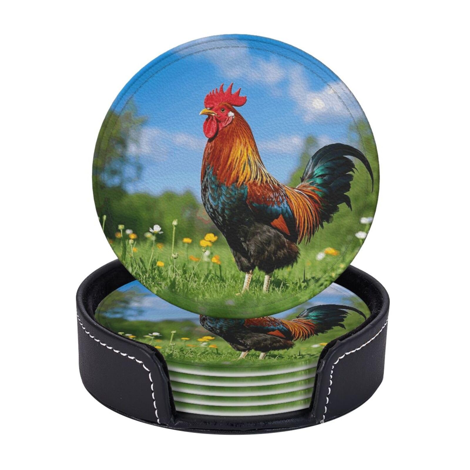 6Pcs PU Leather Coaster for Drinks, Rooster Cup Coasters with Holder, Aesthetic Drink Coasters for Coffee Table, Round Coaster for Tabletop Protection 4" Cup Mat Pad