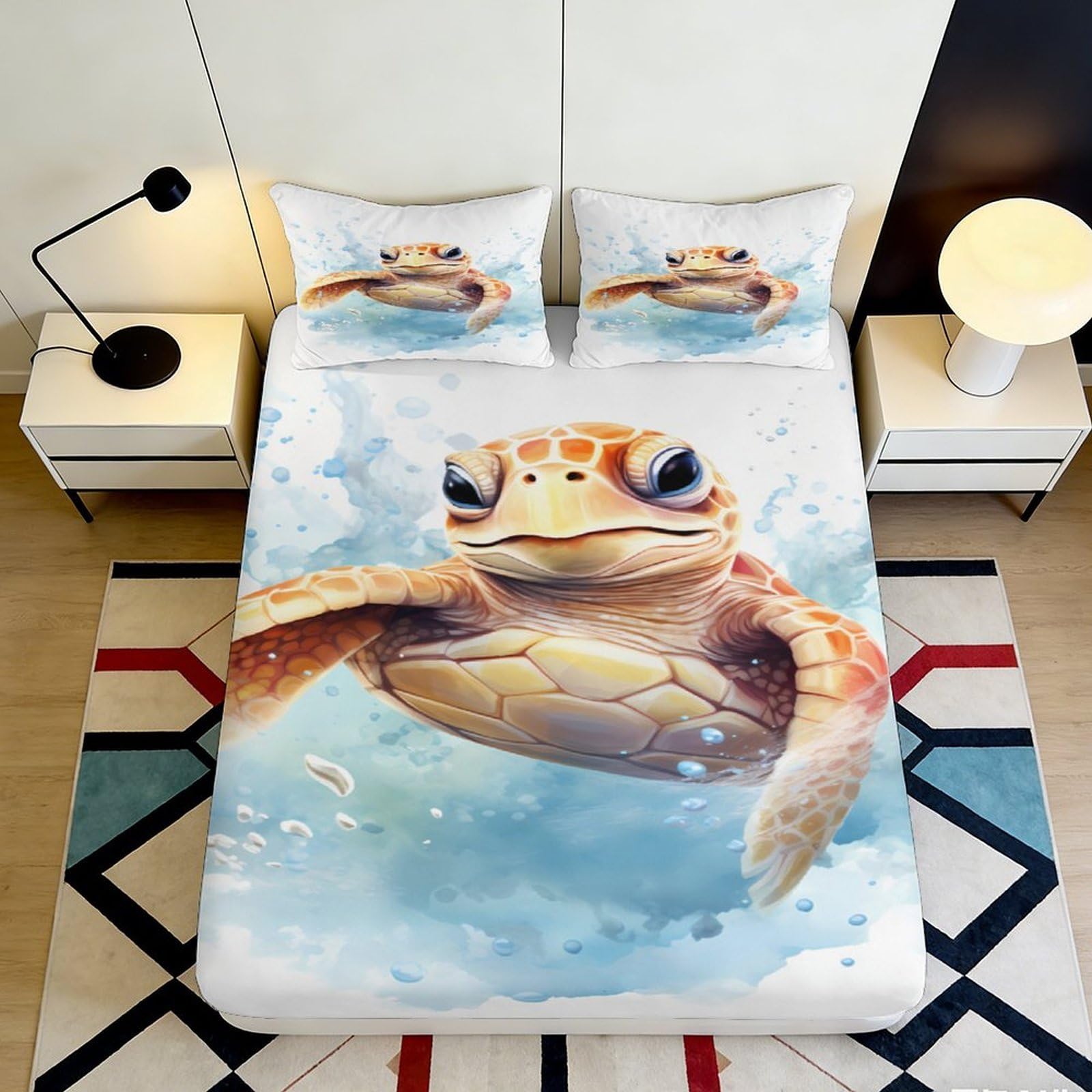 3D Printed Sea Turtle Fitted Sheet Microfiber Soft Breathable Ocean Watercolor Bed Cover for Bedroom Dorm Mattress Protection Decor 90x200x25cm