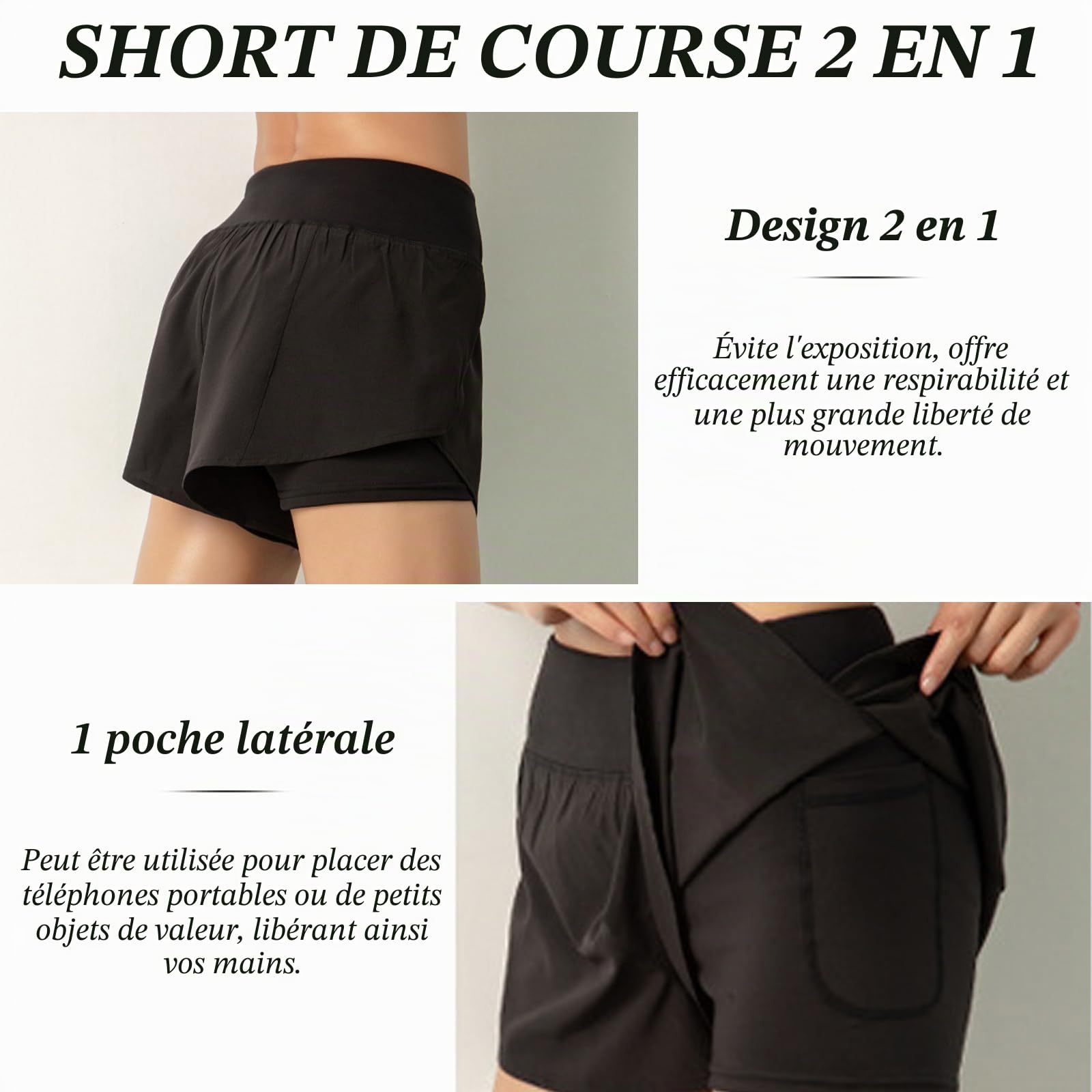 Short de course 2 en 1 pour femme, séchage rapide, short de course avec poche pour téléphone, short d'entraînement athlétique, jogging, gym, yoga avec doublure pour femme