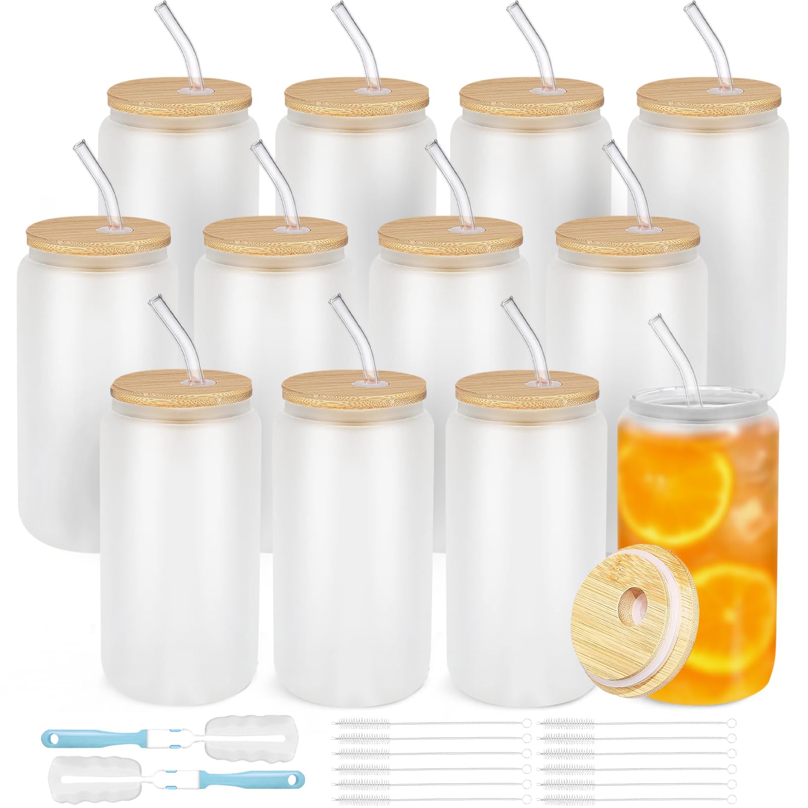 Lot de 12 verres en verre dépoli avec couvercles et pailles, 473 ml - Ensemble de tasses à café glacé, gobelets en verre réutilisables en forme de canette de bière, verres à boire pour