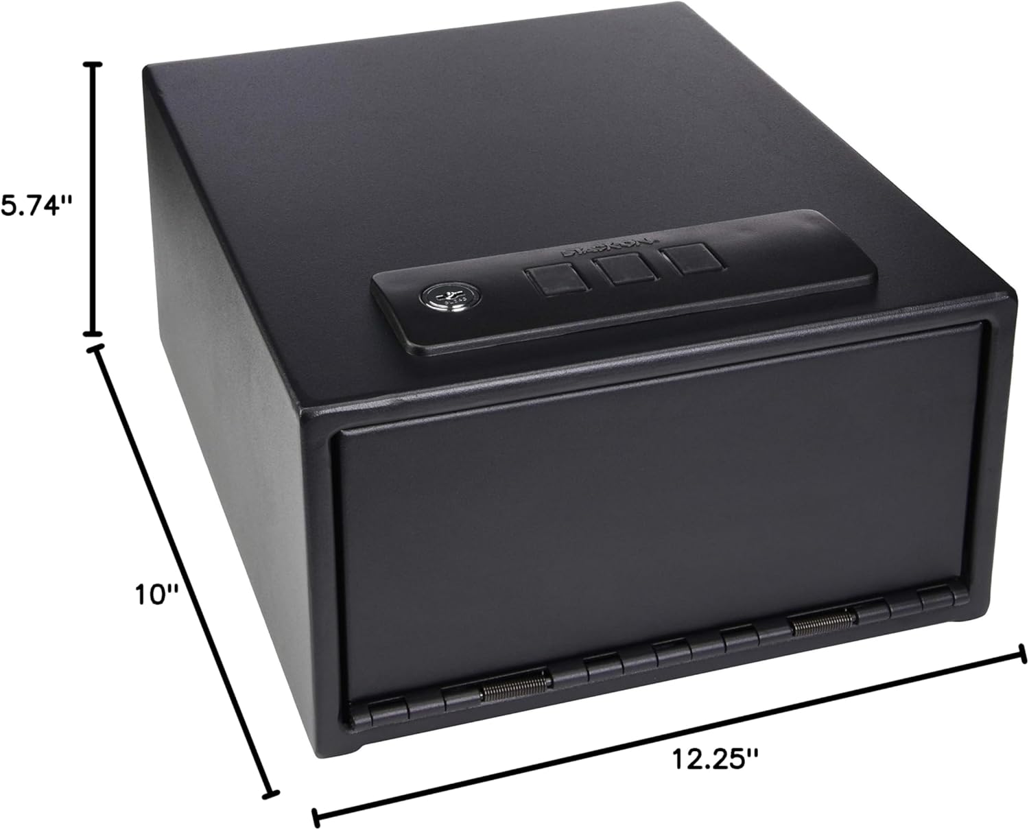 Diagram showing the dimensions of the Stack-On safe: 12.25 inches deep, 10 inches wide, and 5.74 inches high.