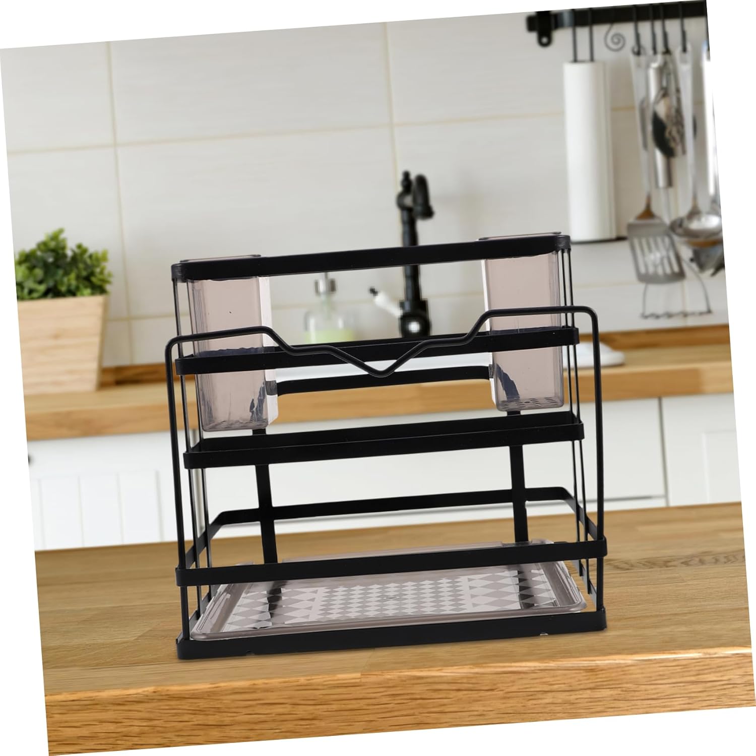 1pcs Kitchen Sink Organizer Removable Drain Tray Multi-functional Carbon Steel Knife Holder and Cutting Board Rack for Countertop Storage Elegant Black Design for Utensils and