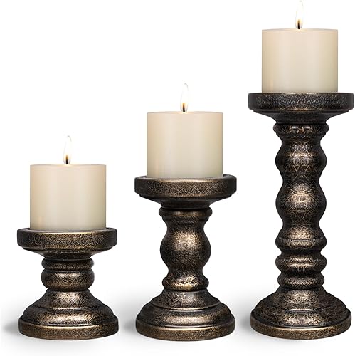 Juego de 3 portavelas para velas de pilar, portavelas de madera rústica, soporte de vela alto vintage decorativo para sala de estar, centro de mesa,