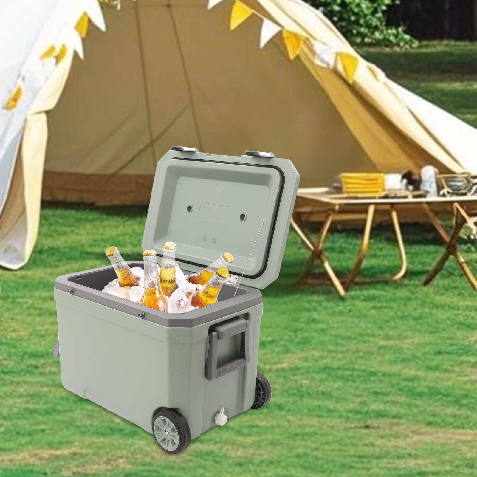 45L nevera grande con ruedas portátil Pasivo Nevera sin electricidad | Carro refrigerador con orificio de drenaje y asas, caja térmica retro para pesca, camping, picnic
