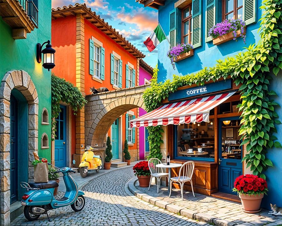 Streets of Italy 500 Piece Jigsaw Puzzle for Adult | Unique Cut Pieces, Made in USA, Eco-Friendly Materials, Poster Included featuring charming and colorful European streets