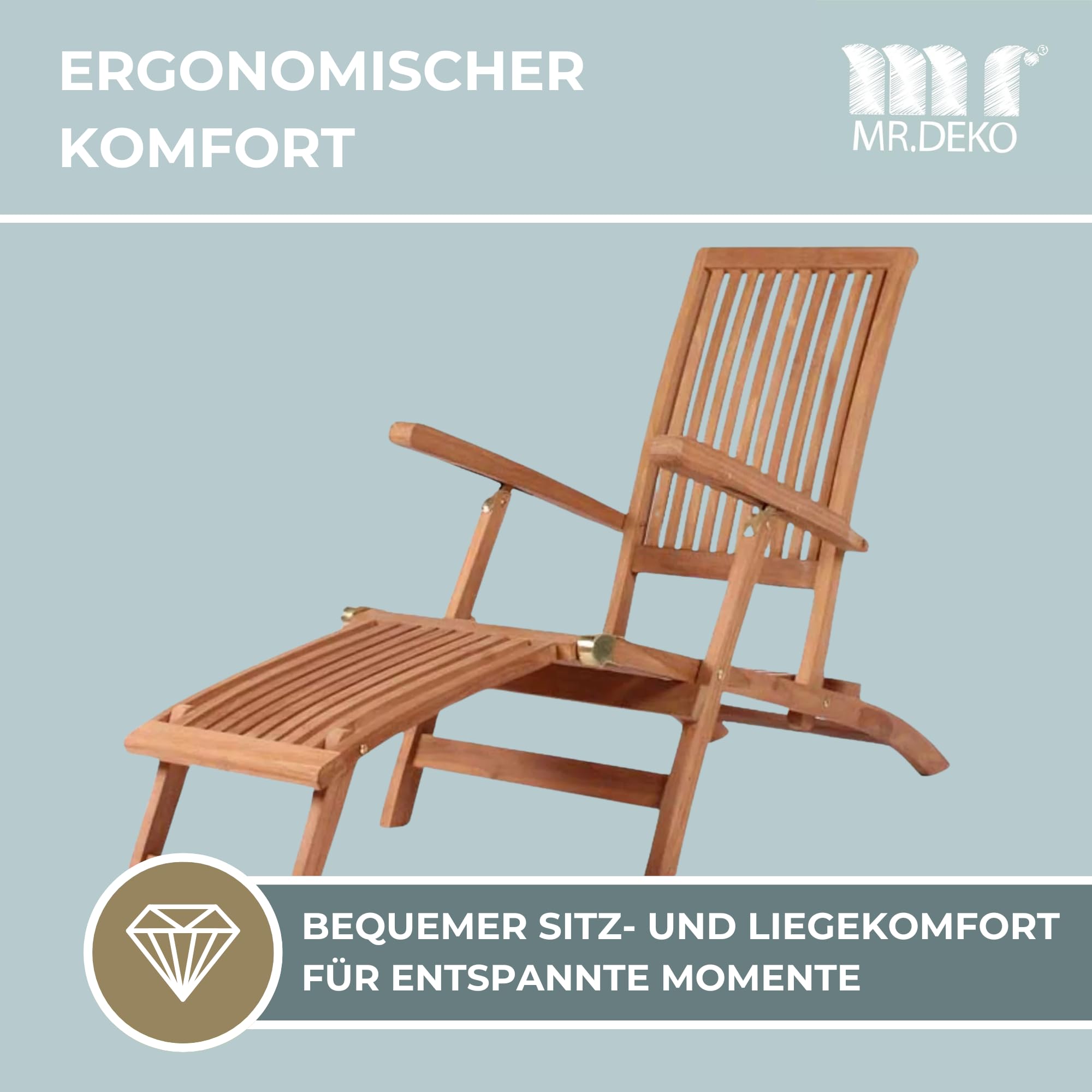 MR. DEKO Deckchair Yacht Teak Holz 170 cm | Sonnenliege Garten Klappbar | Gartenliege Wetterfest Massivholz | Deckstuhl Outdoor Teakholz Balkon | Liegestuhl Terrasse Rostfrei
