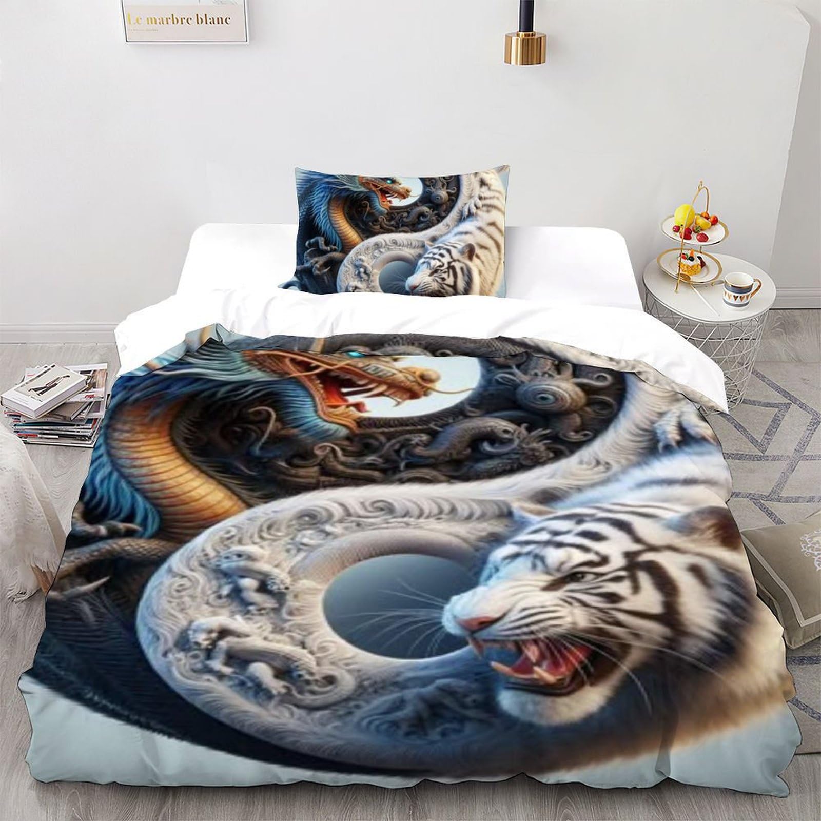 Housse de couette animaux imprimé 3D en microfibre 135x200 cm lit single avec taie d'oreiller