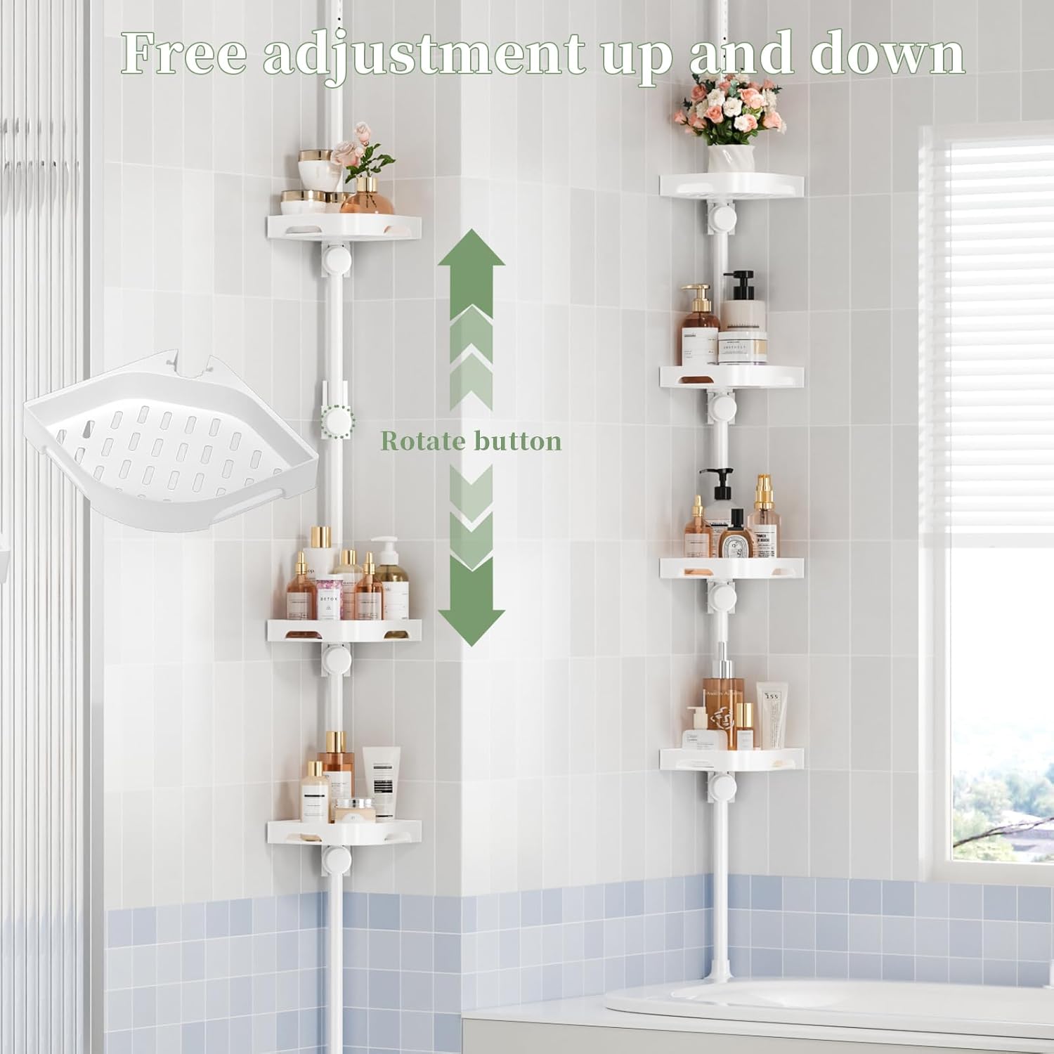 Tension Pole Shower Caddy Organizer with 4 Tier L-Shaped Rust Resistant Bathroom Corner Shelves with 34-124 Inch Adjustable No Drilling Quick Install Shower Rack for Bath Essentials (White)