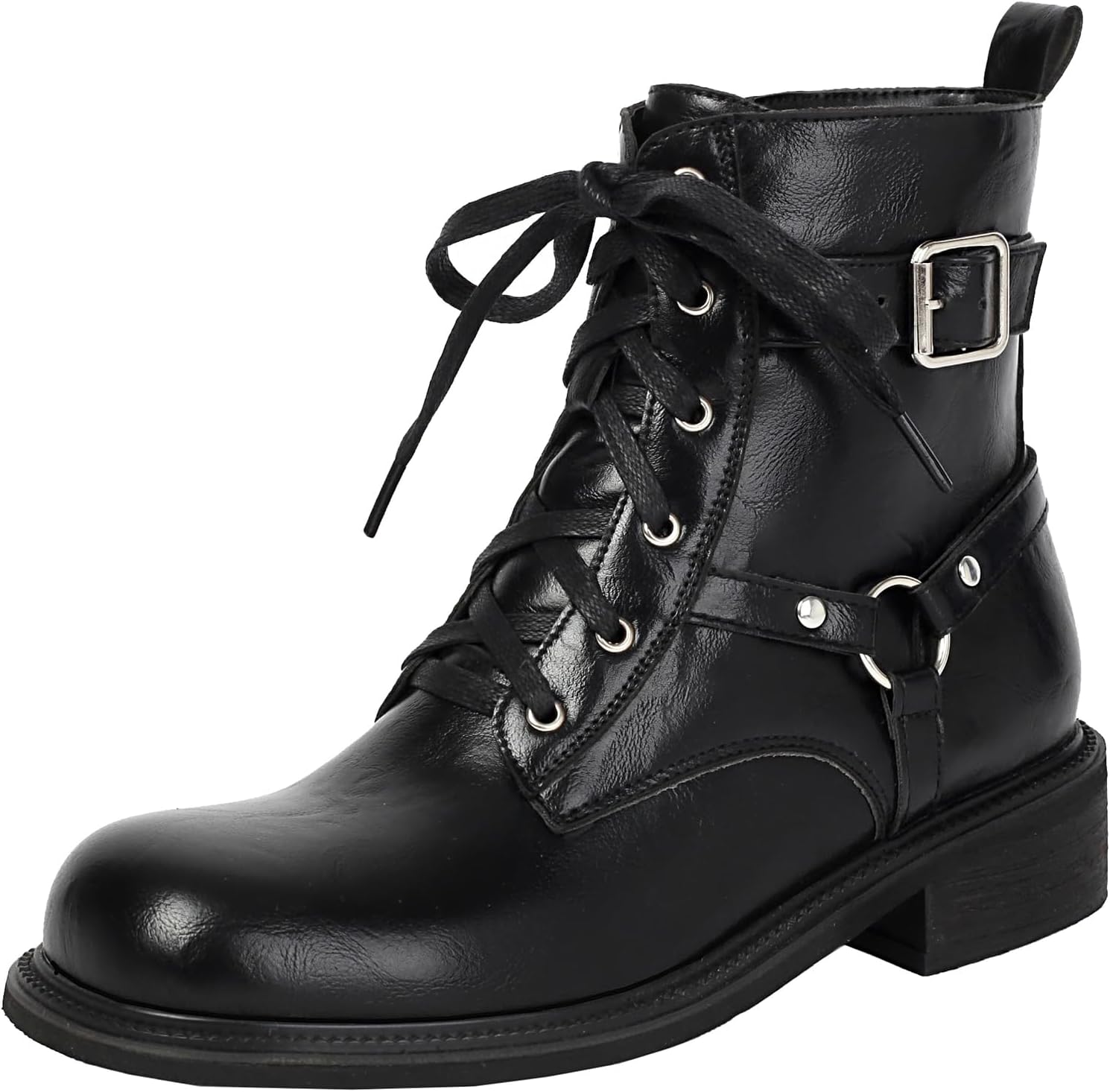 Women's Elegant Combat Ankle Boots with Metal Buckle Decoration for Edgy Looks, Lace up and Zipper Closure Booties with Low Block Heel