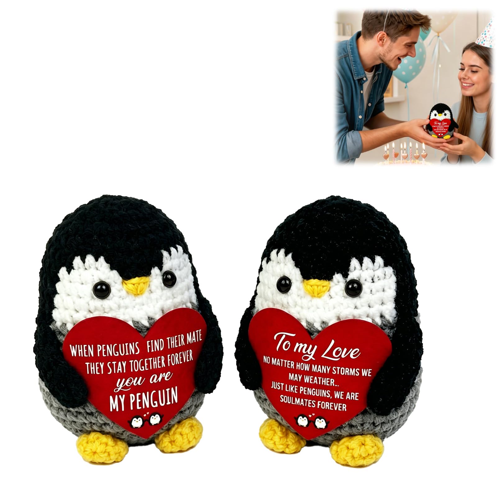 Hounyou 2 Pcs Handmade Crochet Penguin Gifts, Cute Romantic Gift for Wife, Husband, Pudgy Penguins Couple Dolls for Anniversary, Birthday, Wedding