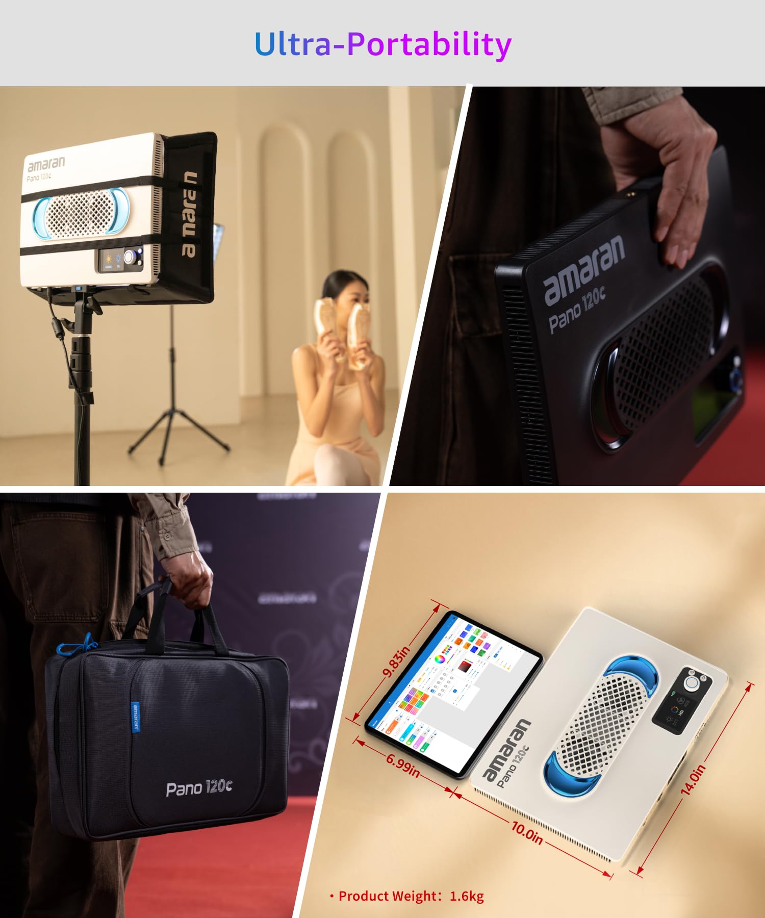 amaran Pano 120c Kit 120W RGBWW Luce a pannello a colori, fino a 13.490 Lux @ 1m, USB-C PD e 150W DC Powered, include Softbox, Griglia, Diffusore, Custodia per fotografia e video - Bianco