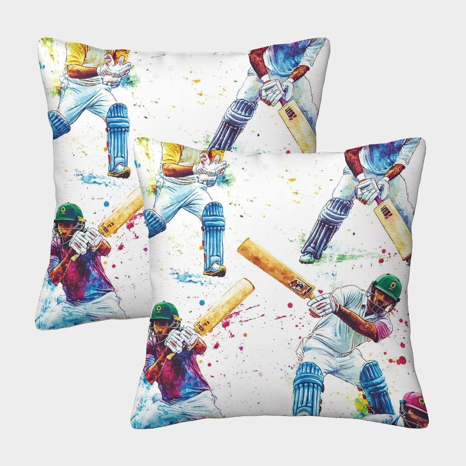 Cricket Player Action—watercolor Sports Illustration Pillow Covers 2 Pack Cozy Pillowcase Art Cushion Cover Zippered Decor for Couch Livingroom 40x40cm