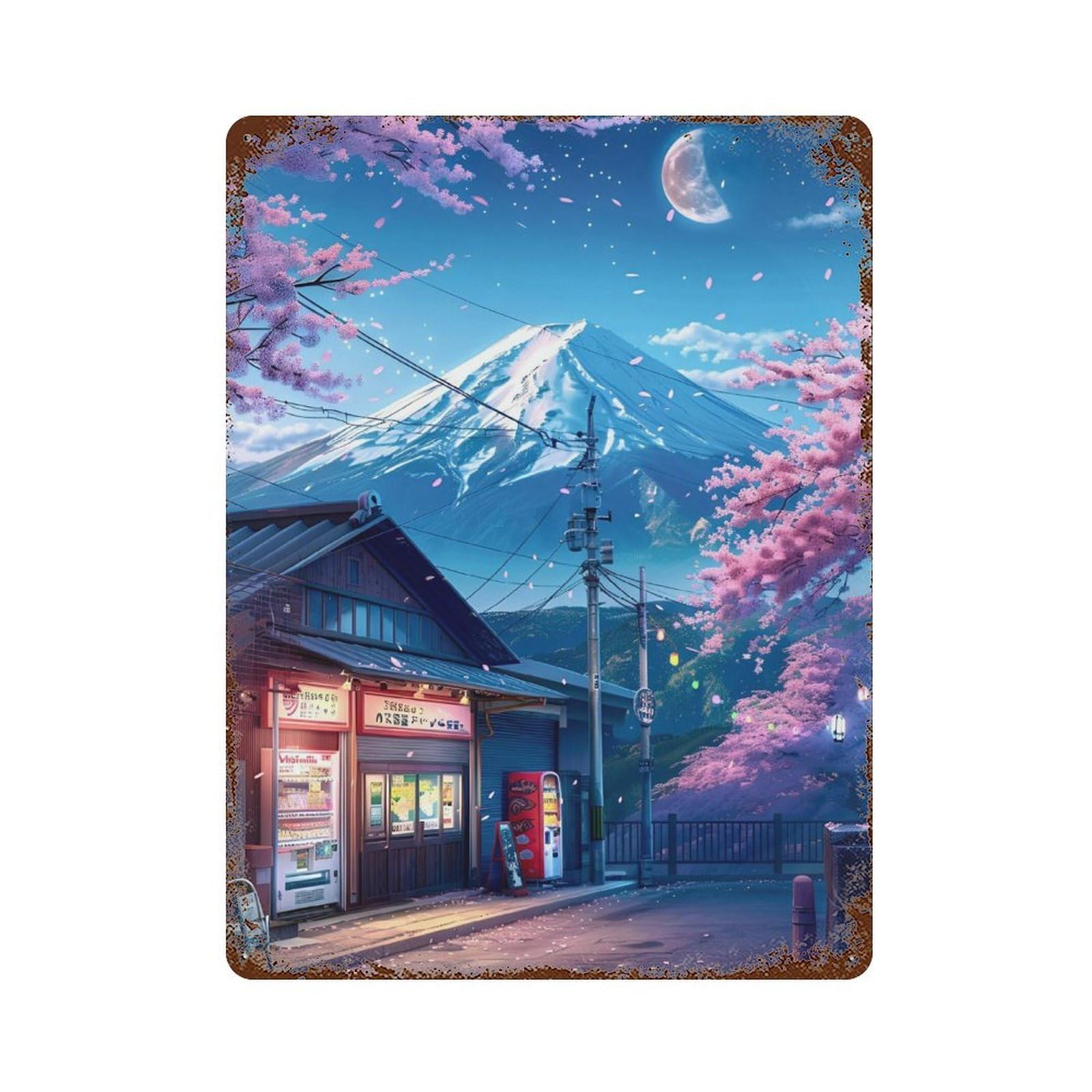 Cherry Blossom Night in Japan -1 Rust Effect Tin Sign 15.7"x11.8", Industrial Home Decor for Garage, Pub Or Kitchen