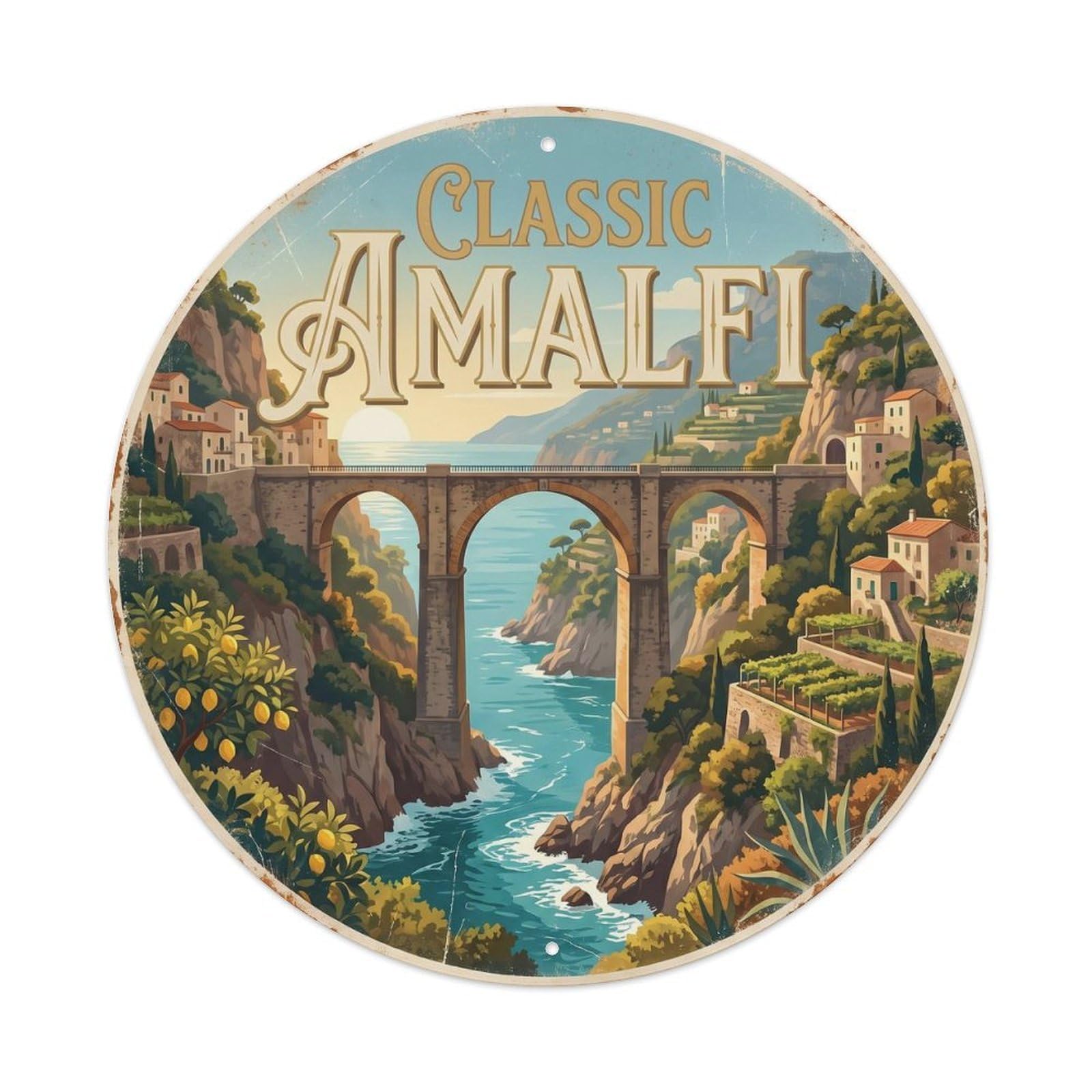 Vintage Travel Amalfi Arch Bridge Landmark Metal Tin Sign Plaque Wall Decor for Cafe, Club, Garden Round Metal Poster 8x8Inch