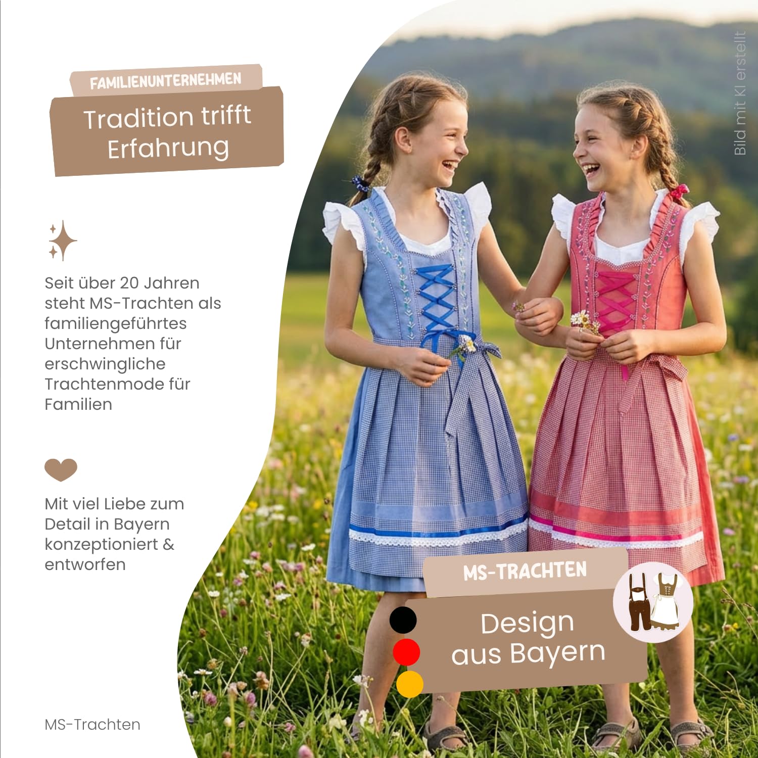 Kinderdirndl Mila – Kinder Dirndl blau rot mit Bluse 3 teilig – traditionelles Trachtenkleid für Mädchen