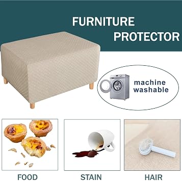 Stretch Rectangle Ottoman Cover, Checkered Spandex Storage Ottoman Slipcover Rectangle Folding Storage Stool Furniture Protector with Elastic Bottom-Khaki-Medium