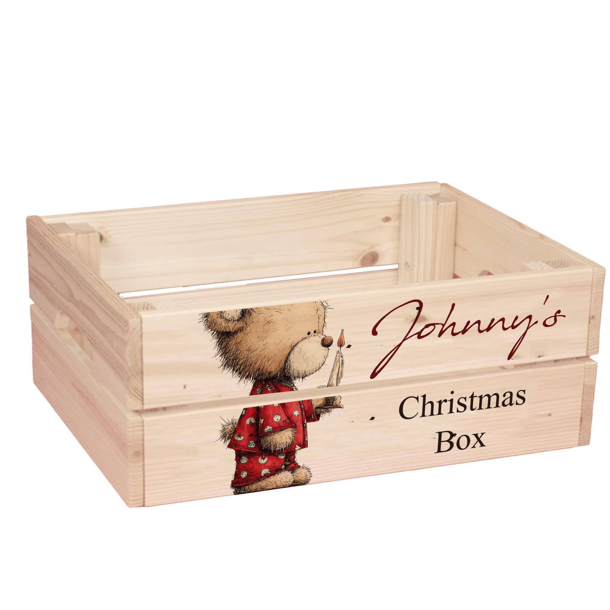 ukgiftstoreonline Personalised Christmas Eve Box with Santa, Trees, Reindeer, Snowman Designs, Wooden Storage Crate, 30.5 x 25 x 12 cm, Holiday Presentation Box with Side Handles (Teddy-3) โ image 1