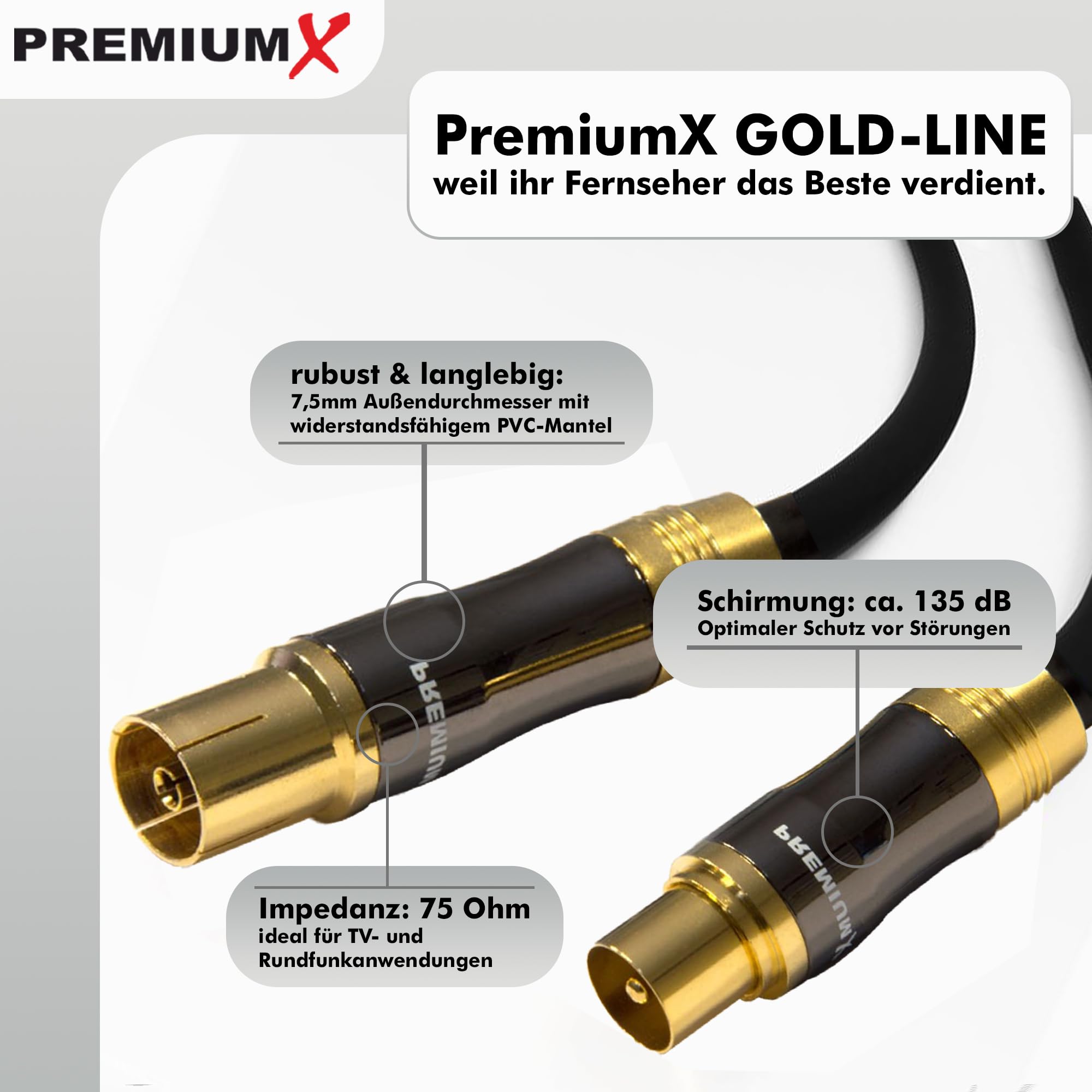 Premium X Cavo Antenna TV Gold-Line 1m Nero - Cavo Coassiale in Rame ad Alta Efficienza, da Connettore IEC a Presa, Ideale per HDTV 4K, Schermatura 135dB, Contatti Dorati