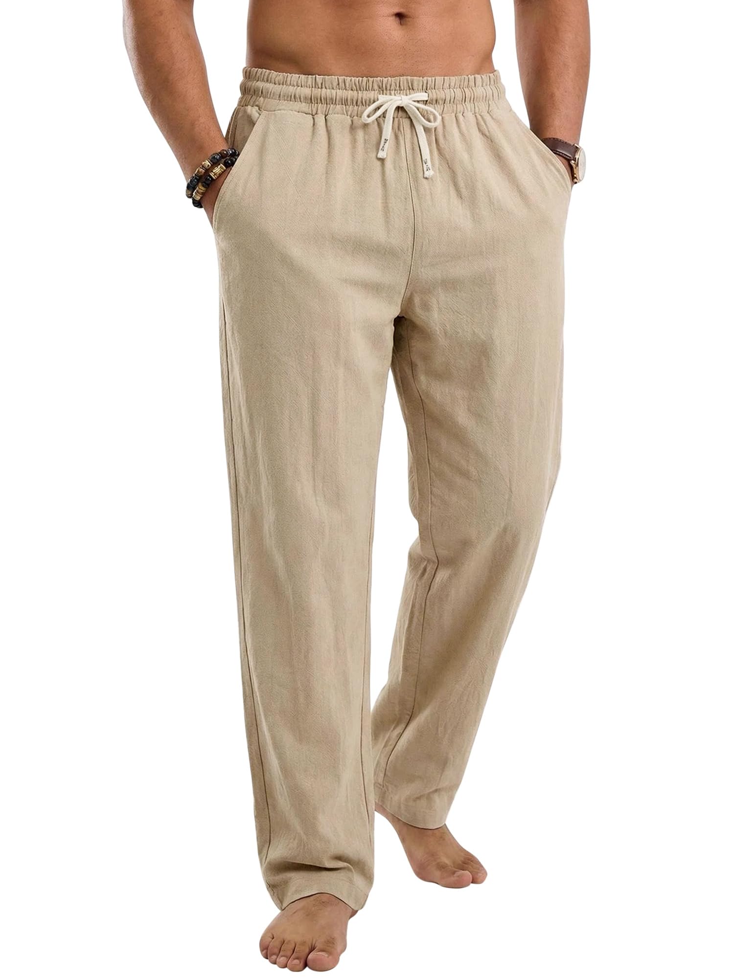 Men's Linen Pants Lightweight Drawstring Elastic Waist Pockets Loose Fit Straight Legs Summer Beach Yoga