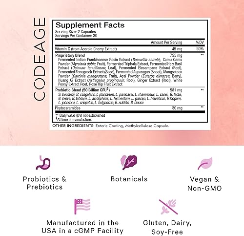 Miniatura 2 de Codeage Probióticos para la piel + prebióticos, suplemento de rutina para el cuidado de la piel, 50 mil millones de UFC, hierbas botánicas