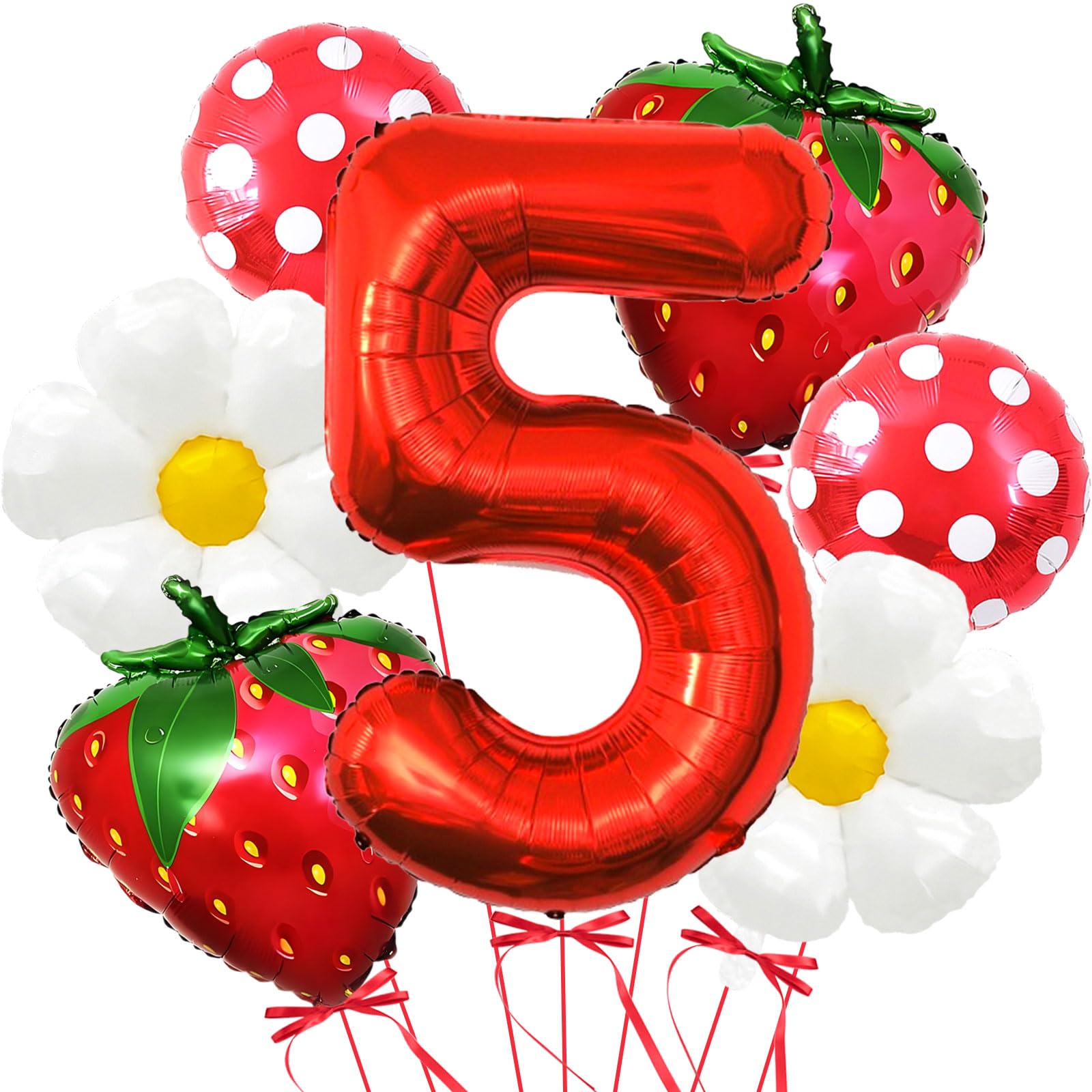 Strawberry Balloons Fifth Birthday Decorations for Girl, 40 Inch Mylar Red Number 5 Balloons, Strawberry Balloon for Strawberry Party Decorations,
