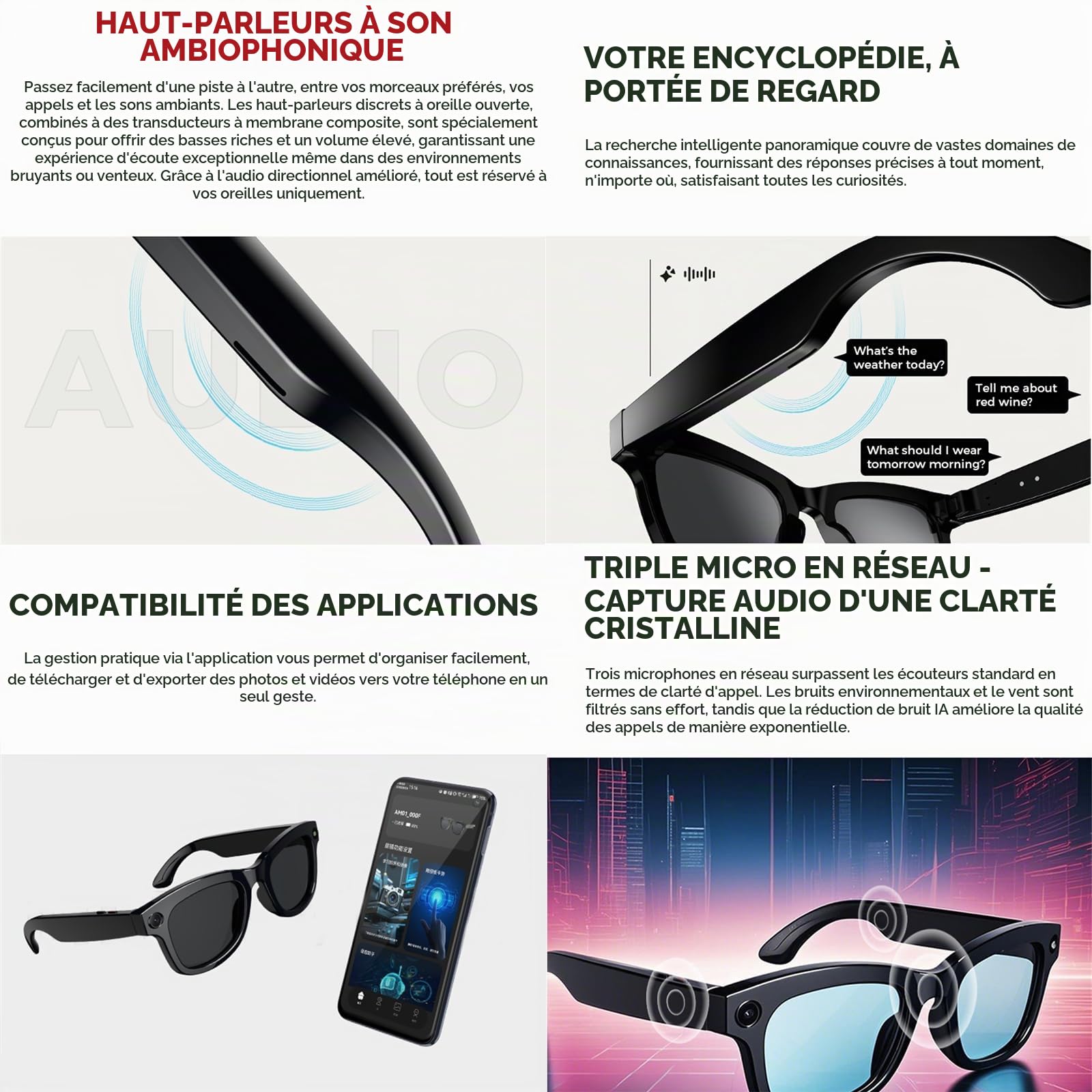 Lunettes connectées IA avec caméra, ChatGPT intégré,traduction,commande vocale,Wi-Fi 4.0,Bluetooth 5.3,prise de vue HD, lunettes de soleil intelligentes pour les voyages,la musique et les appels,B