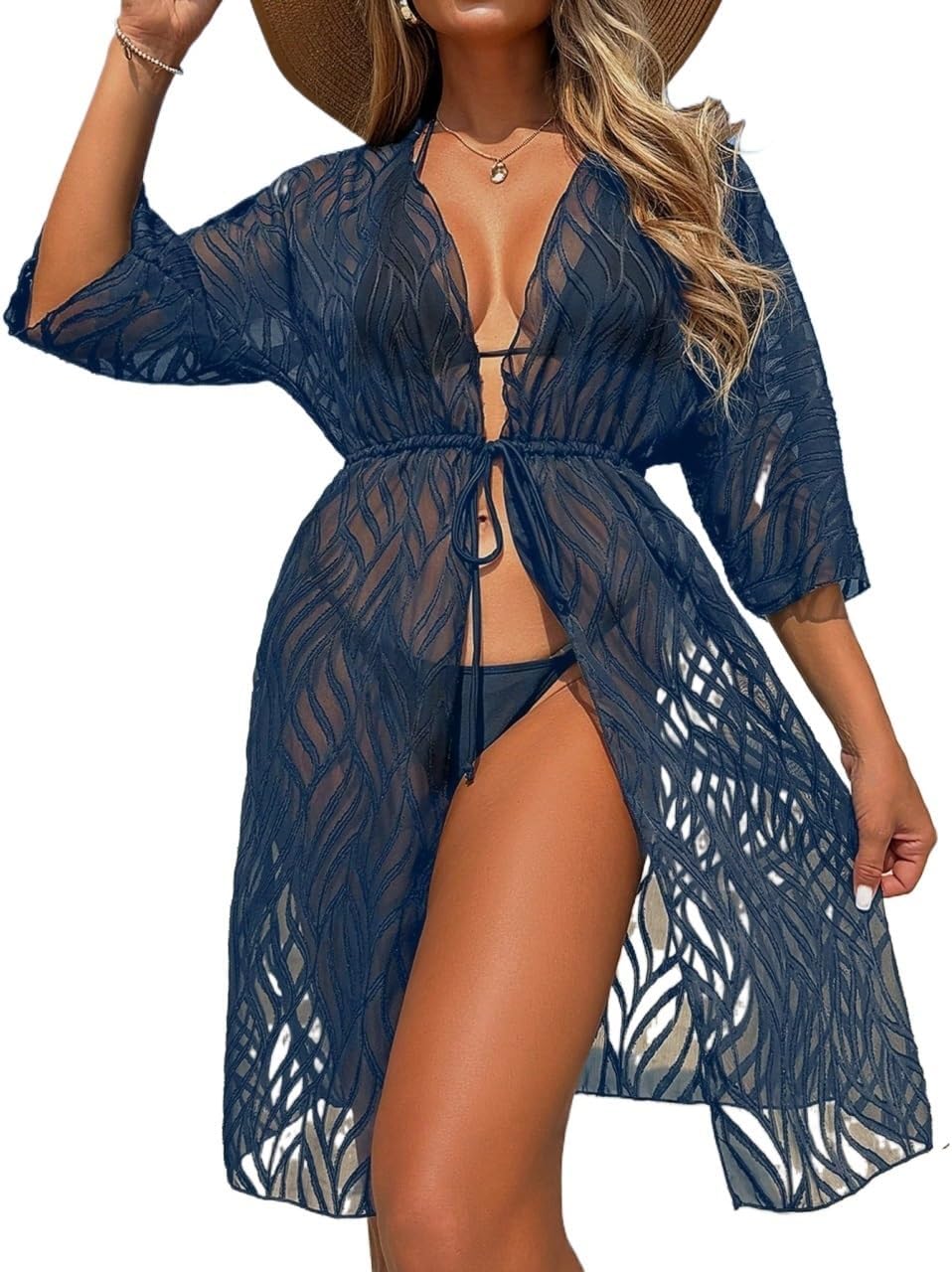 Women's Solid Color Long Sleeve Beach Cover-Up, Waist, Summer cover ups for swimwear
