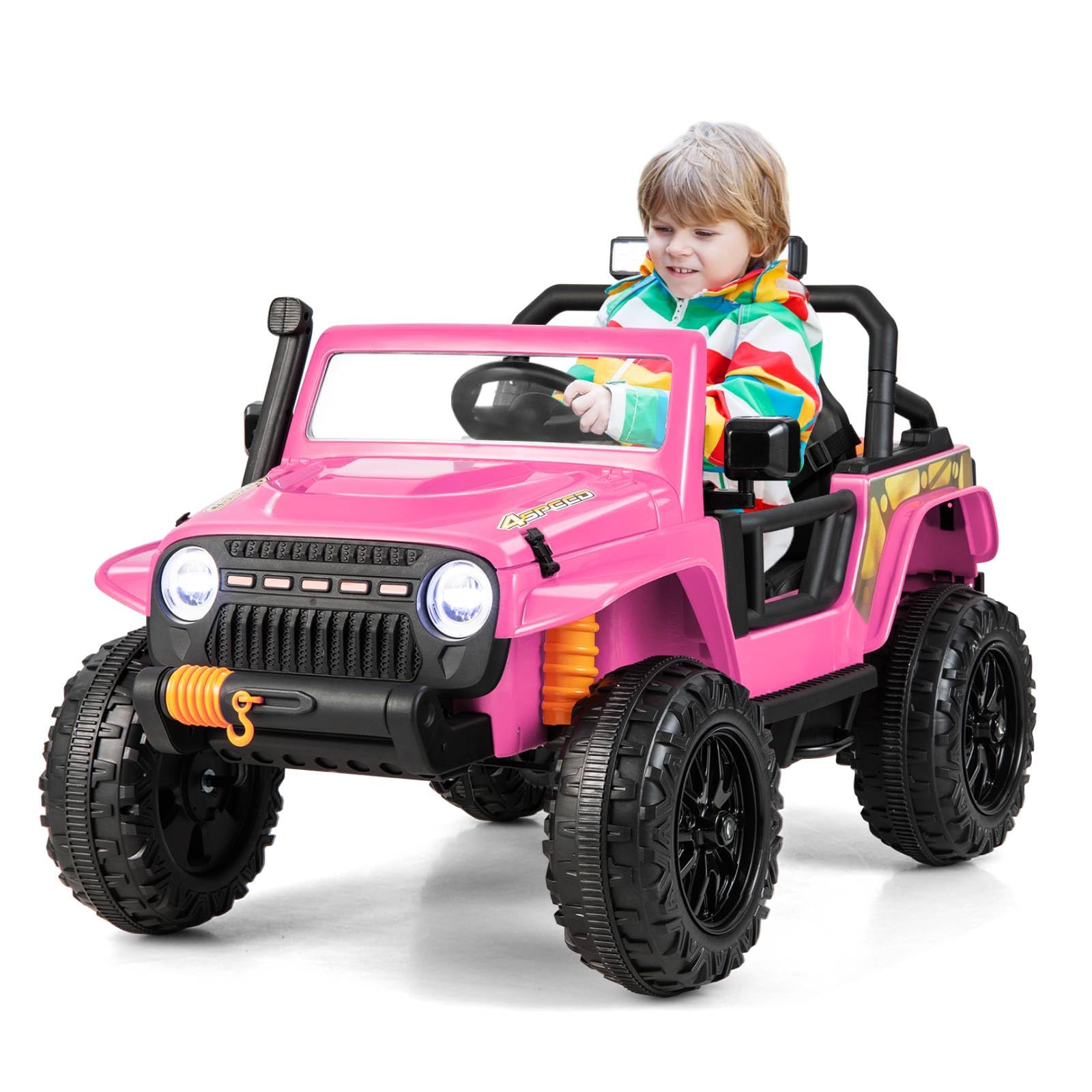 Maxmass 12V Kids Ride on Truck, Battery Powered Electric Vehicle with Parental Remote Control, Music, Lights and Suspension Wheels, Children Off-road Car for 3+ Years Old, Max Weight 100kg (Pink)