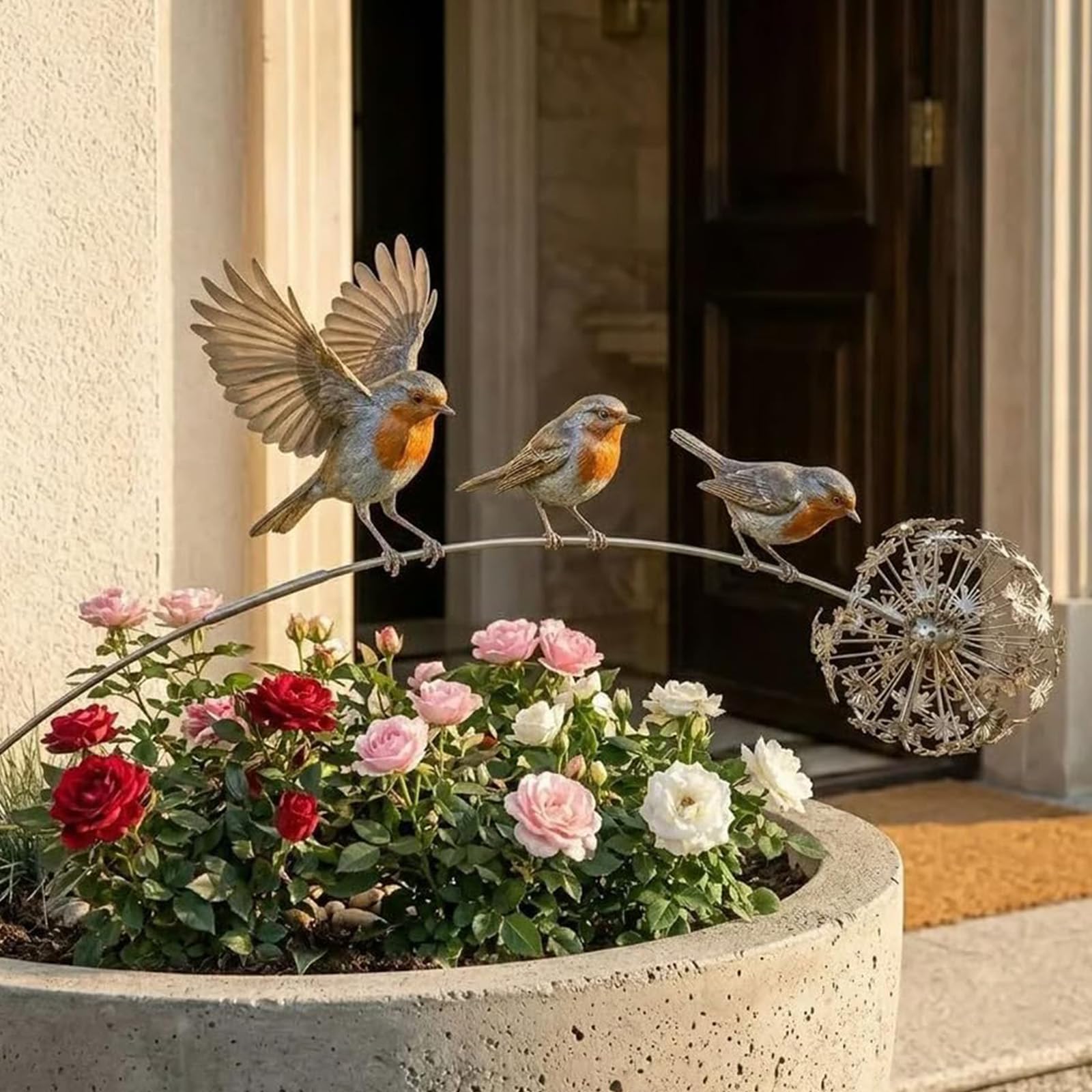 Generico Paletto da giardino con pettirosso, 3 uccelli pettirosso e disegno di dente di leone, paletto da giardino per esterni per passerella su aiuola di fiori nel patio (2PCS)