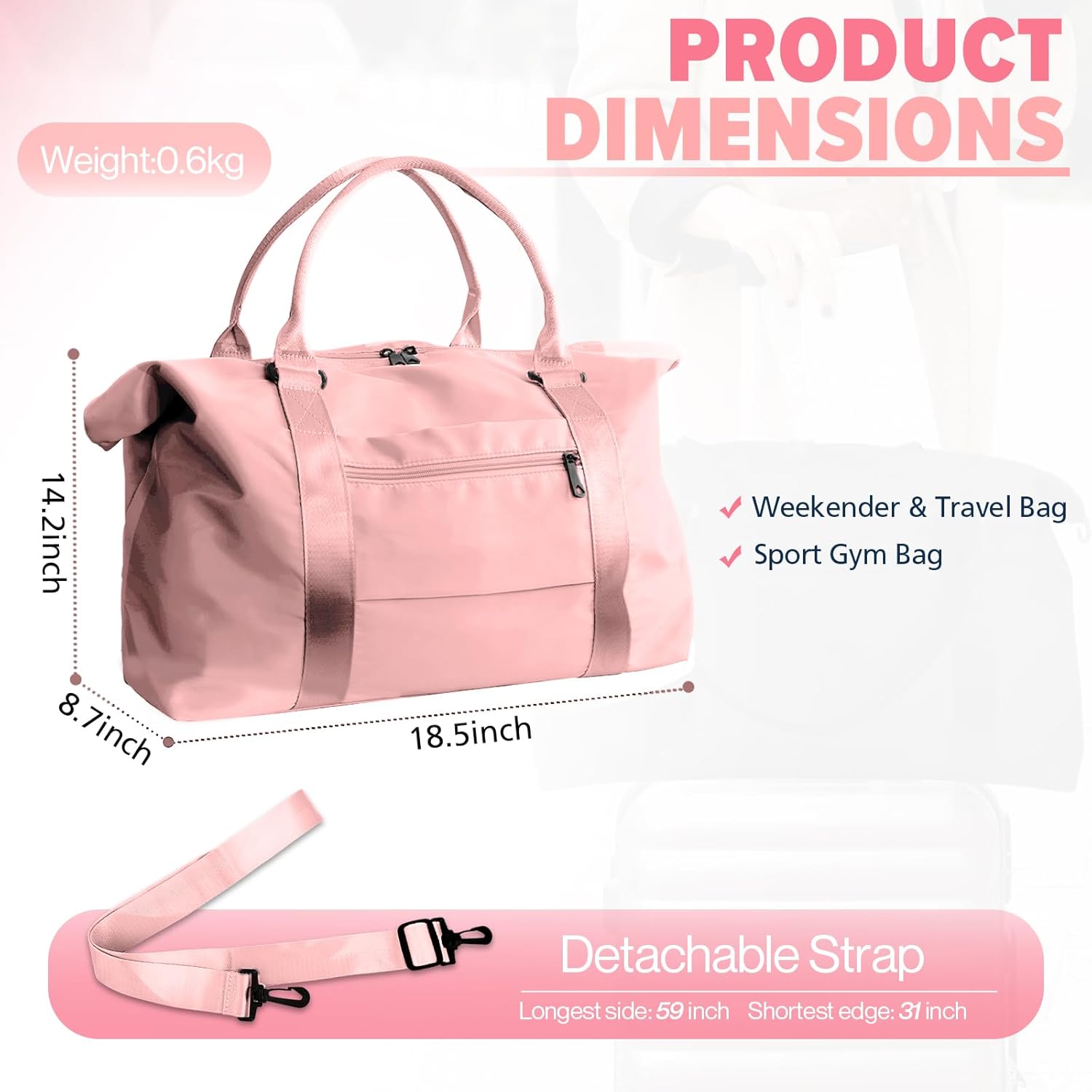 Travel Duffle Bag, Weekender Travel Bag Men Small Gym Bag for Women, Hospital Bag for Labor and Delivery, Overnight Bag Luggage Bag with Trolley Sleeve, Airplane Travel Essentials for Flying(Pink) - Image 4