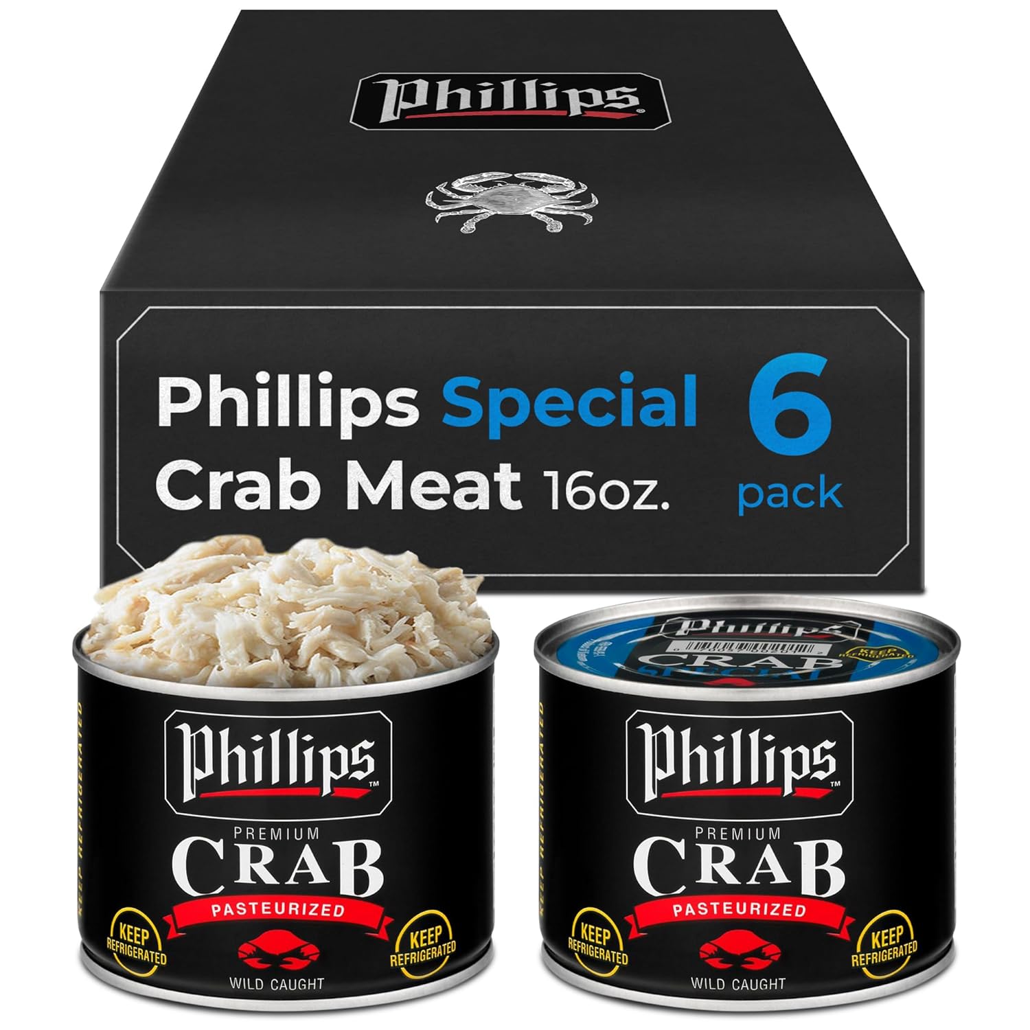 Phillips Special Crab Meat – 6 Pack 16oz Cans, Wild Caught Crabmeat, Pasteurized, Blue Swimmer, Ready-to-Cook Canned Meat for Crab Cakes, Salads & Hot or Cold Recipes