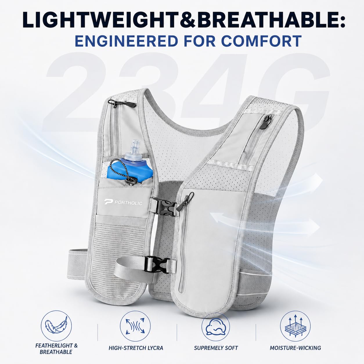 PORTHOLIC Chaleco de Hidratación para Correr Hombre y Mujer con Botella 470ml/17oz | Chaleco Reflectante Ajustable | 6 Bolsillos | Ligero y Transpirable | para Running, Senderismo, Trail Running