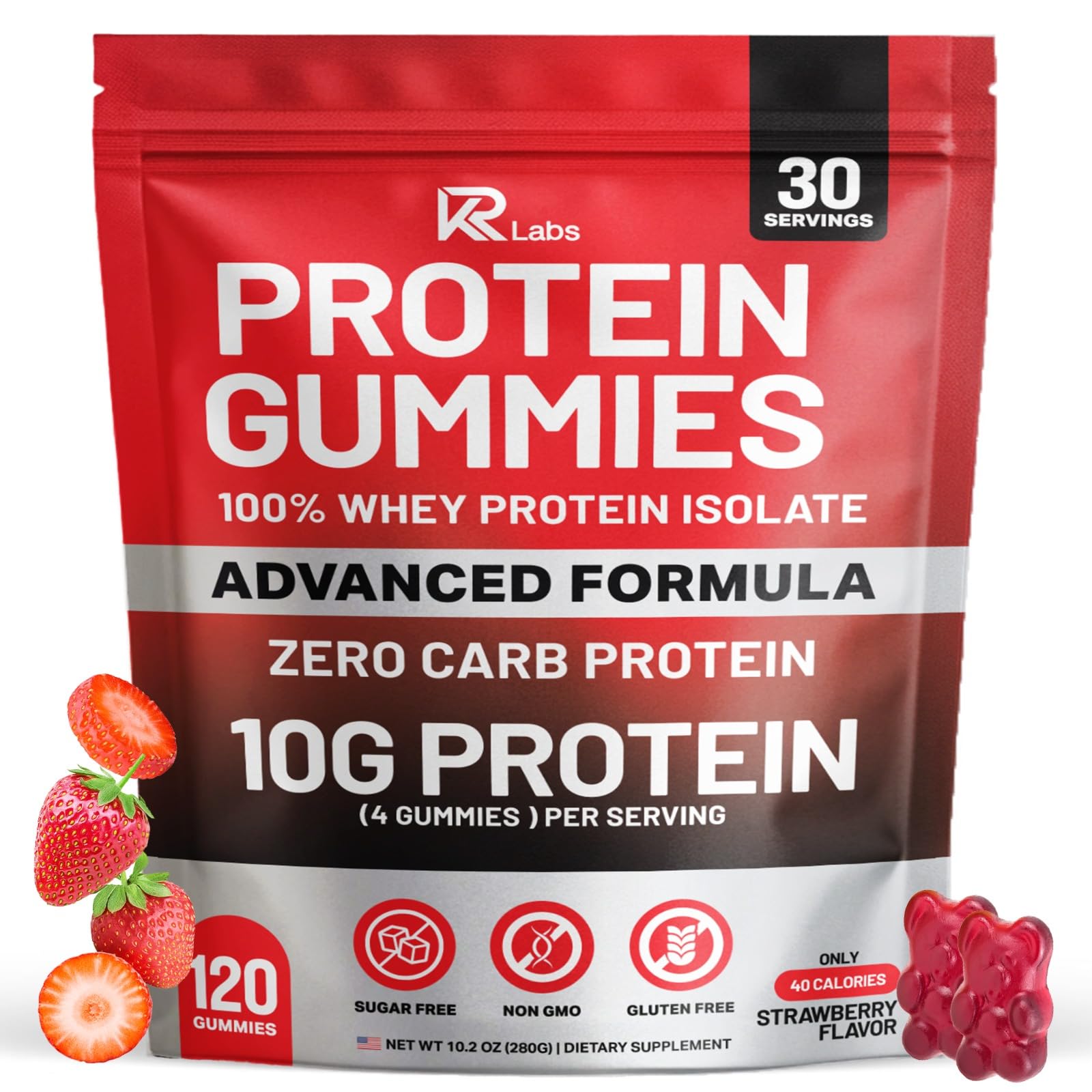 Zero Carb Whey Isolate Protein Gummies, 10g Protein, Strawberry