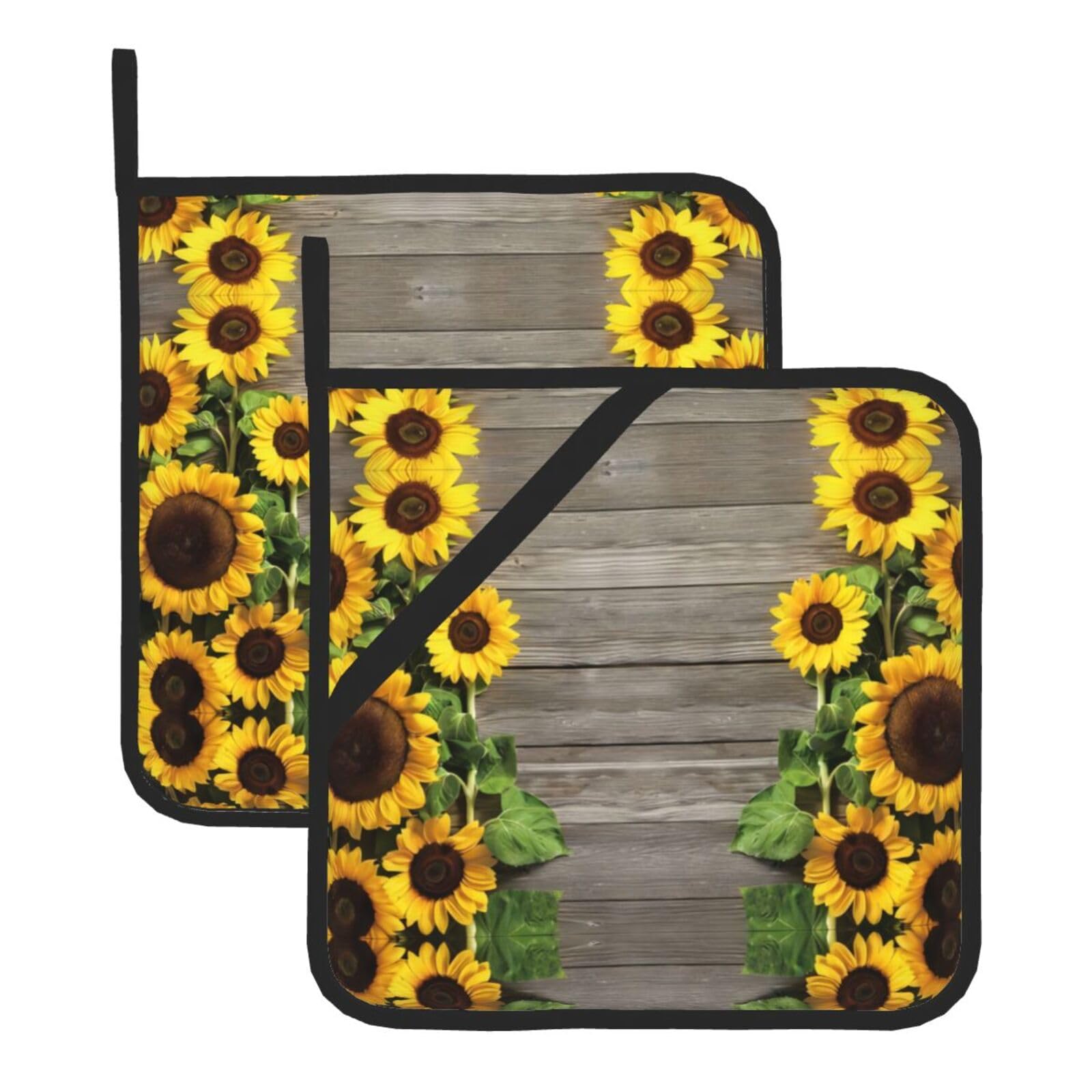 YYHHAOFA Sunflowers Wooden Board Prints Square Hot Pot Pads - Waterproof Kitchen Throw Layers for Countertop, Oven & Grill - Durable Heat Resistant Pads with Hanging Loop (2-Pack)