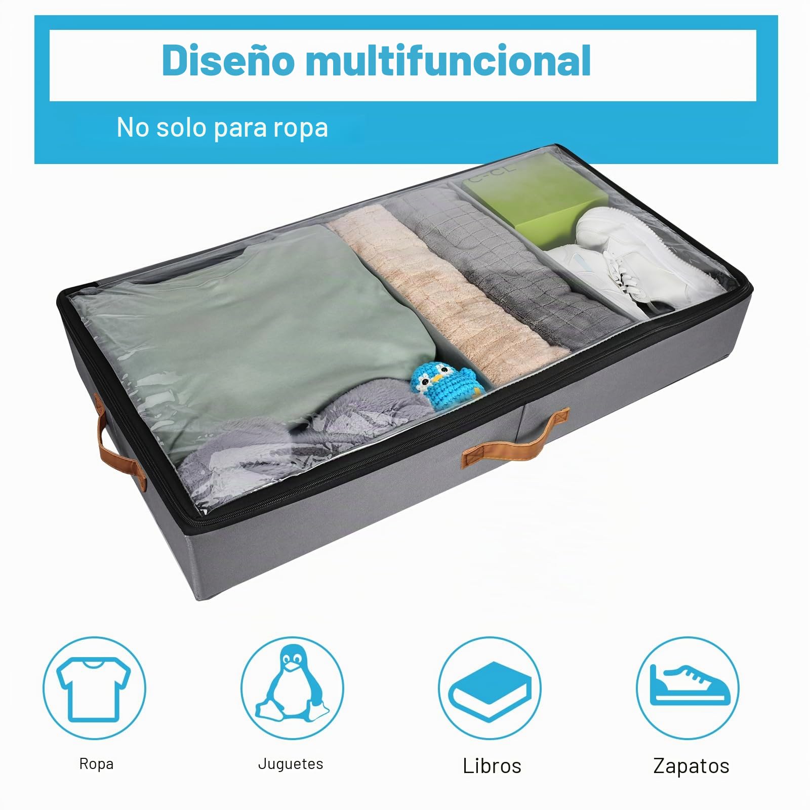 2 Piezas Organizador Ropa, Caja de Almacenamiento Debajo de la Cama Con Ruedas Giratorias de 360°, Cajas Almacenaje Ropa con Ventana Transparente Para Ropa, Zapatos y Mantas