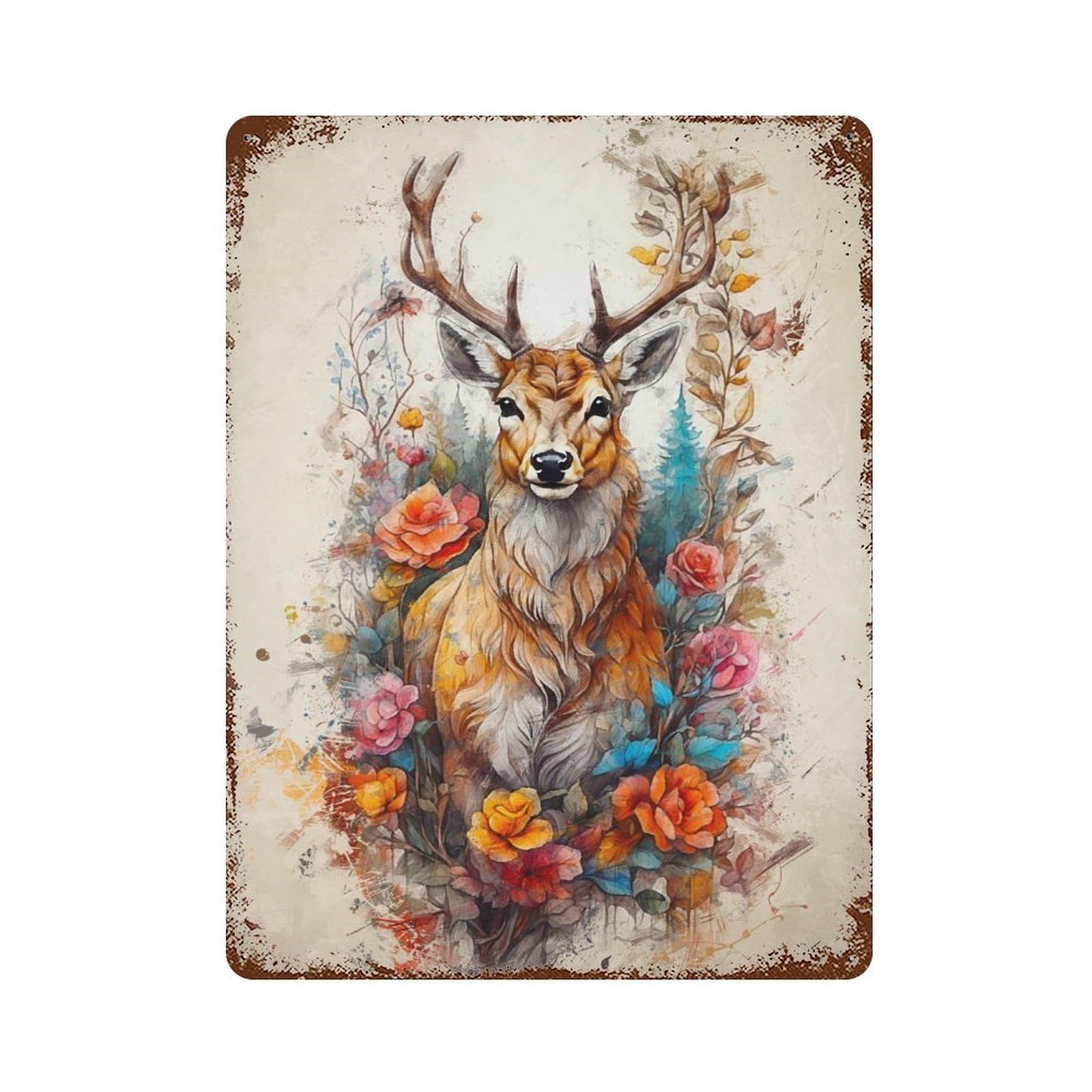 The Deer in The Flowers Decorative Tin Sign 15.7"x11.8", for Cafe, Home Bar And Lounge Decor, Decorative Metal Wall Art