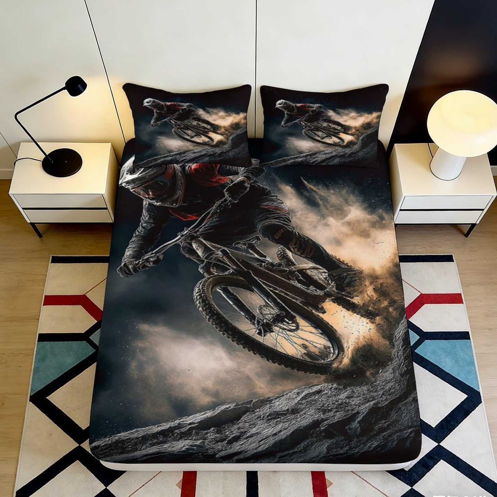 3D Printed Mountain Bike Fitted Sheet Microfiber Soft Breathable Extreme Racing Bed Cover for Bedroom Dorm Decor Mattress Protection 90x200x25cm
