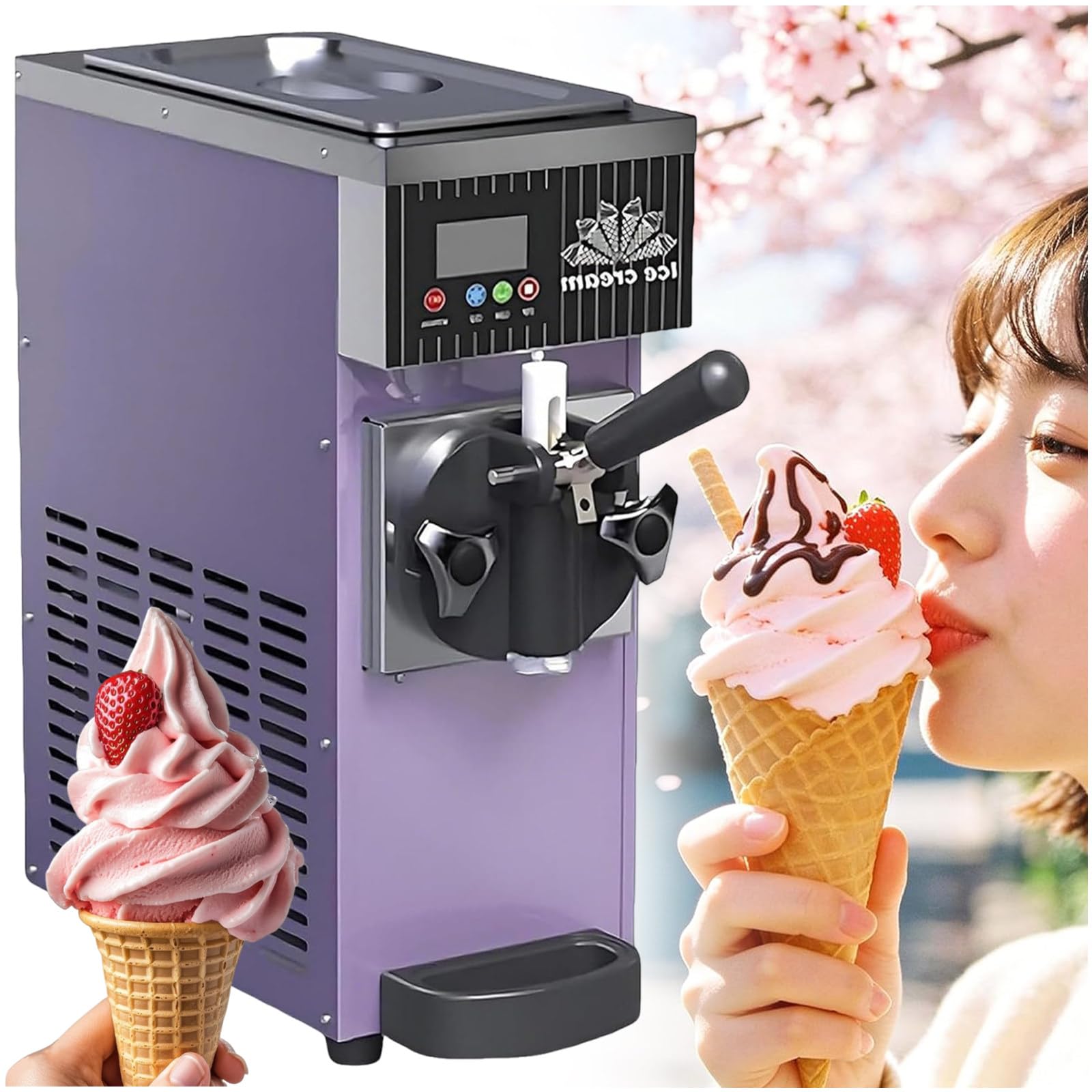 ZEEKYFOR Home Ice Cream Maker Machine with LCD Panel, Countertop Soft Serve Machine for Snack Restaurants Bars, Auto Clean 3.5L Purple