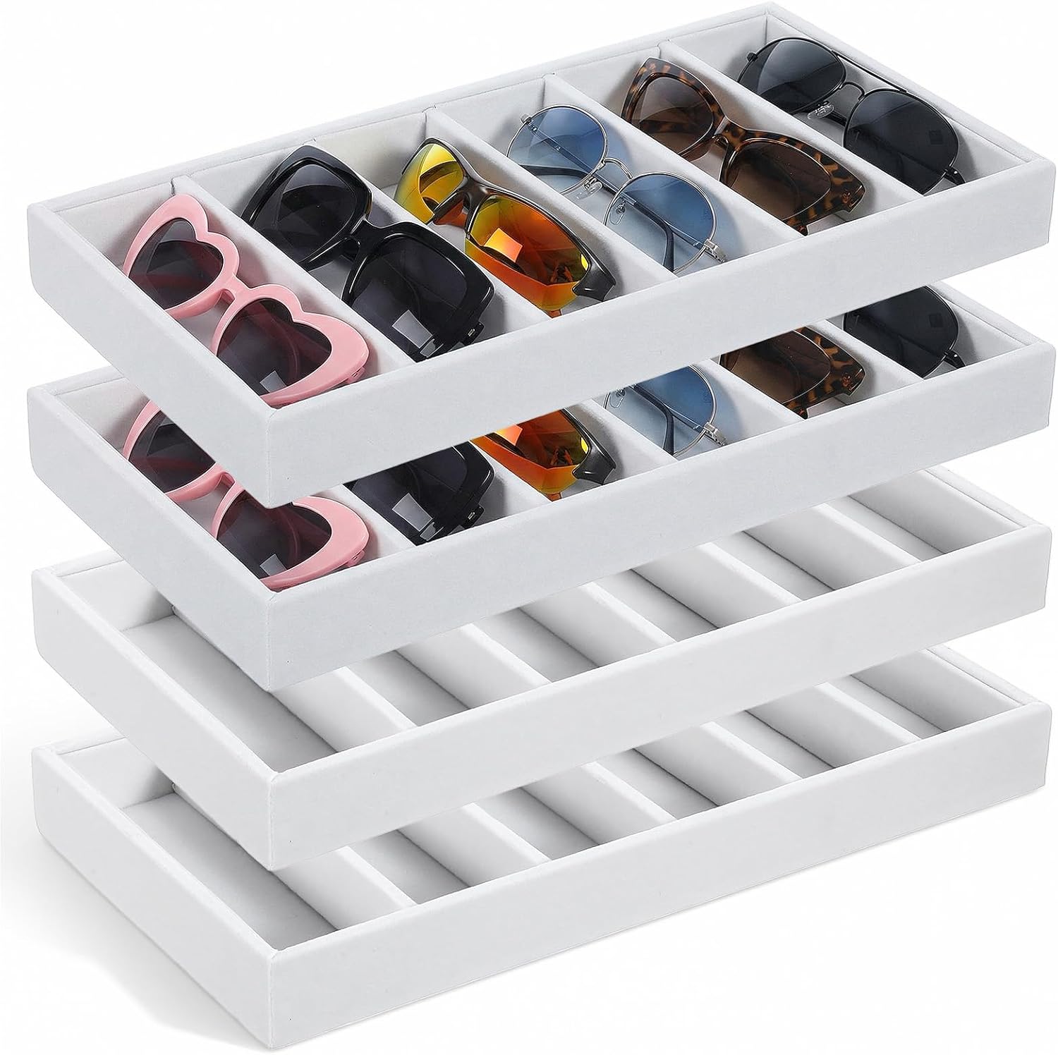 4 PCS Velvet Sunglasses Organizer Tray, 6 Grids Velvet Sunglasses Tray Stackable Storage Organizer Removable Board for Eyeglasses, Jewelry, Watch Organization and Display-Beige