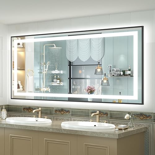 Miniatura 57 de OKPAL 50x30 Espejo de baño LED con marco negro, espejo iluminado para tocador de baño, iluminación frontal y trasera, regulable, antivaho, 3 Negro