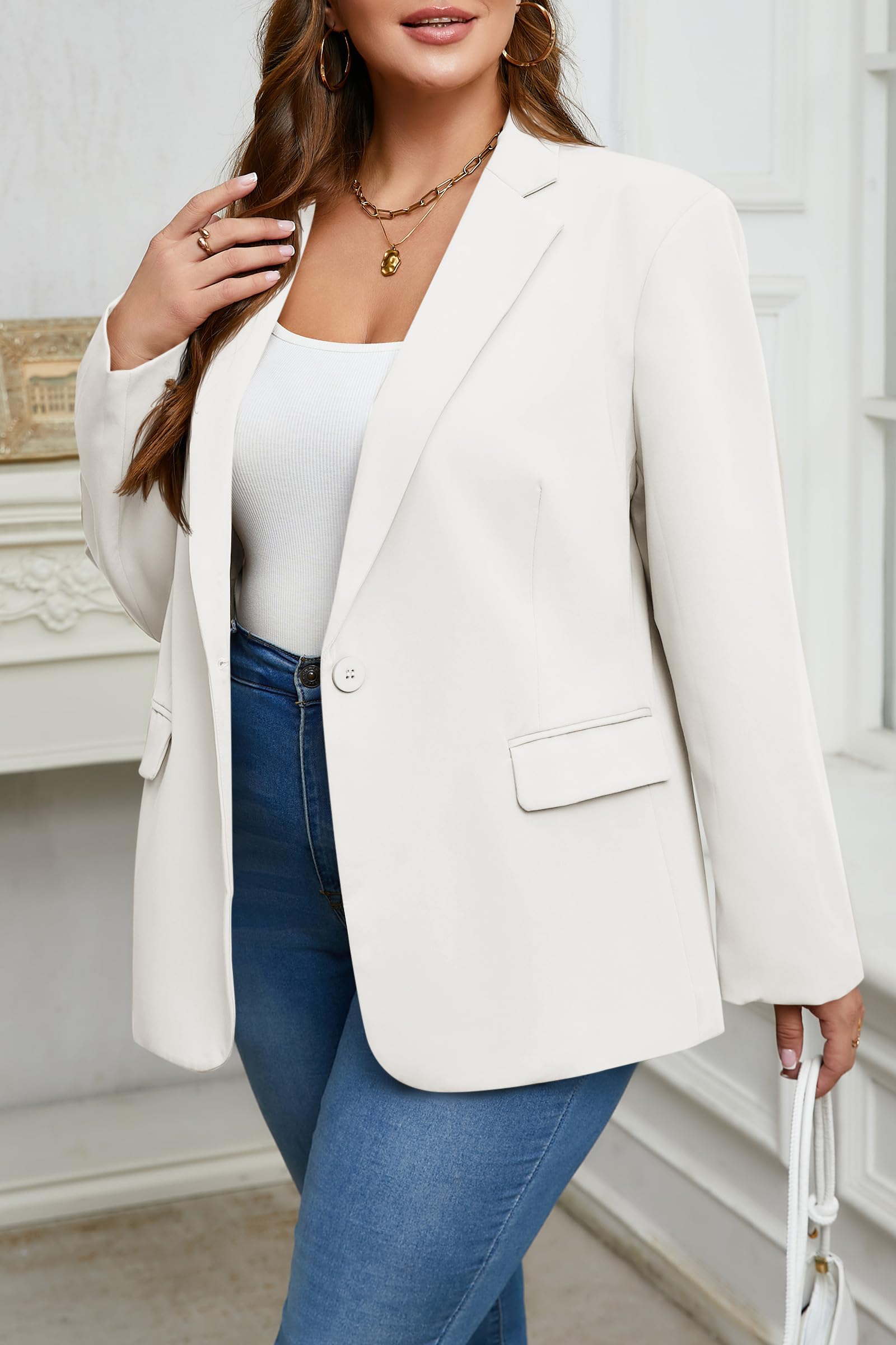 Cicy Bell Giacche da donna taglie forti casual con risvolto a maniche lunghe da lavoro ufficio giacche aperte sul davanti curvy blazer, Bianco, X-Large Plus