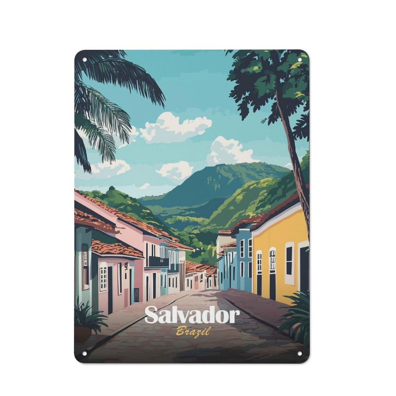 Junmoney Style-15 Tin Sign With Salvador, Brazil Street Scene Design 40X30cm, Understated Studio Wall Plaque For Hobby Room, Office, Lounge Or Living Room