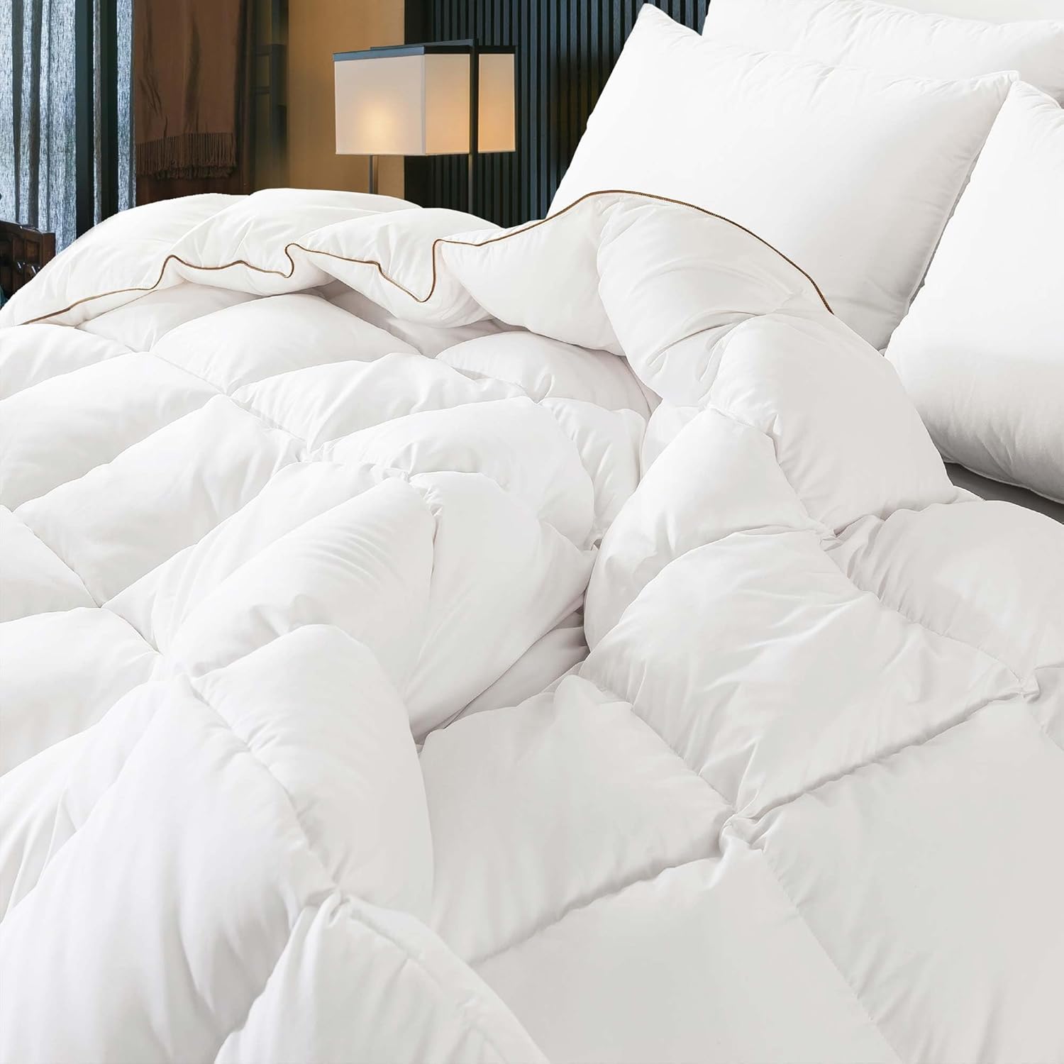 WhatsBedding Puffy White Goose/Duck Feather Down Comforter King Size, Feather Down All Season Duvet Insert, 100% Cotton Luxury Hotel Collection, 4 Corner Loops, Gold Piping, 106×90 in