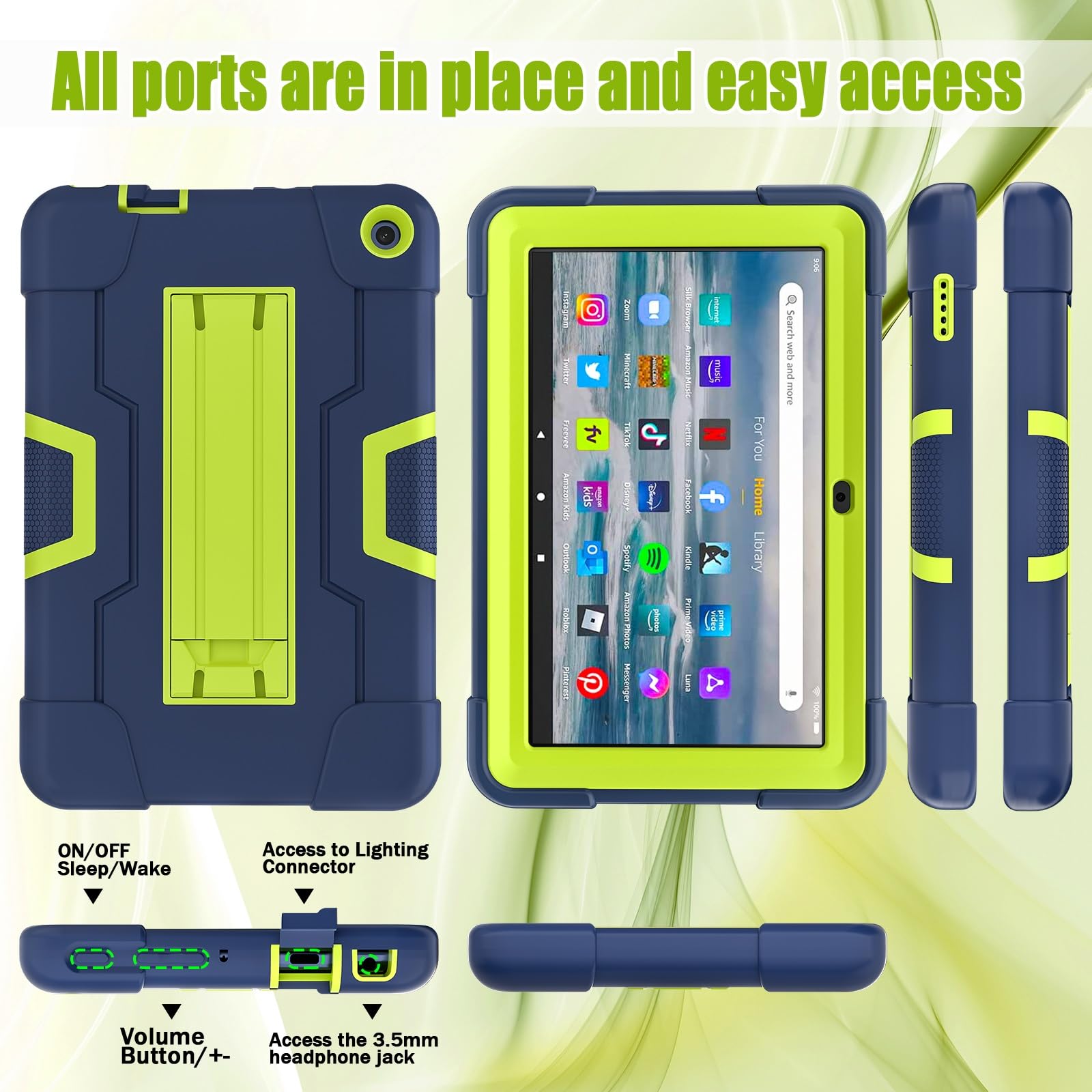 Etui ochronne kompatybilne z etui Kindle Fire 7 2022 Silikonowe na tablet podpórką, wytrzymała, odporna wstrząsy obudowa Wytrzymała osłona ochronna kompatybilna(Navy Blue+Qlivine)