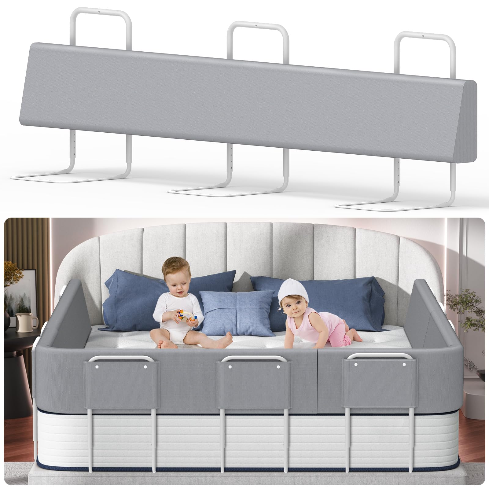 Barra Letto Bambini Anticaduta, 180cm Sponda Letto Bambini, Barriera di Sicurezza Letto per Bambini, Paracolpi Letto, 5 Fori, Regolabile in Altezza, Protezioni Laterali, Lino Grigio