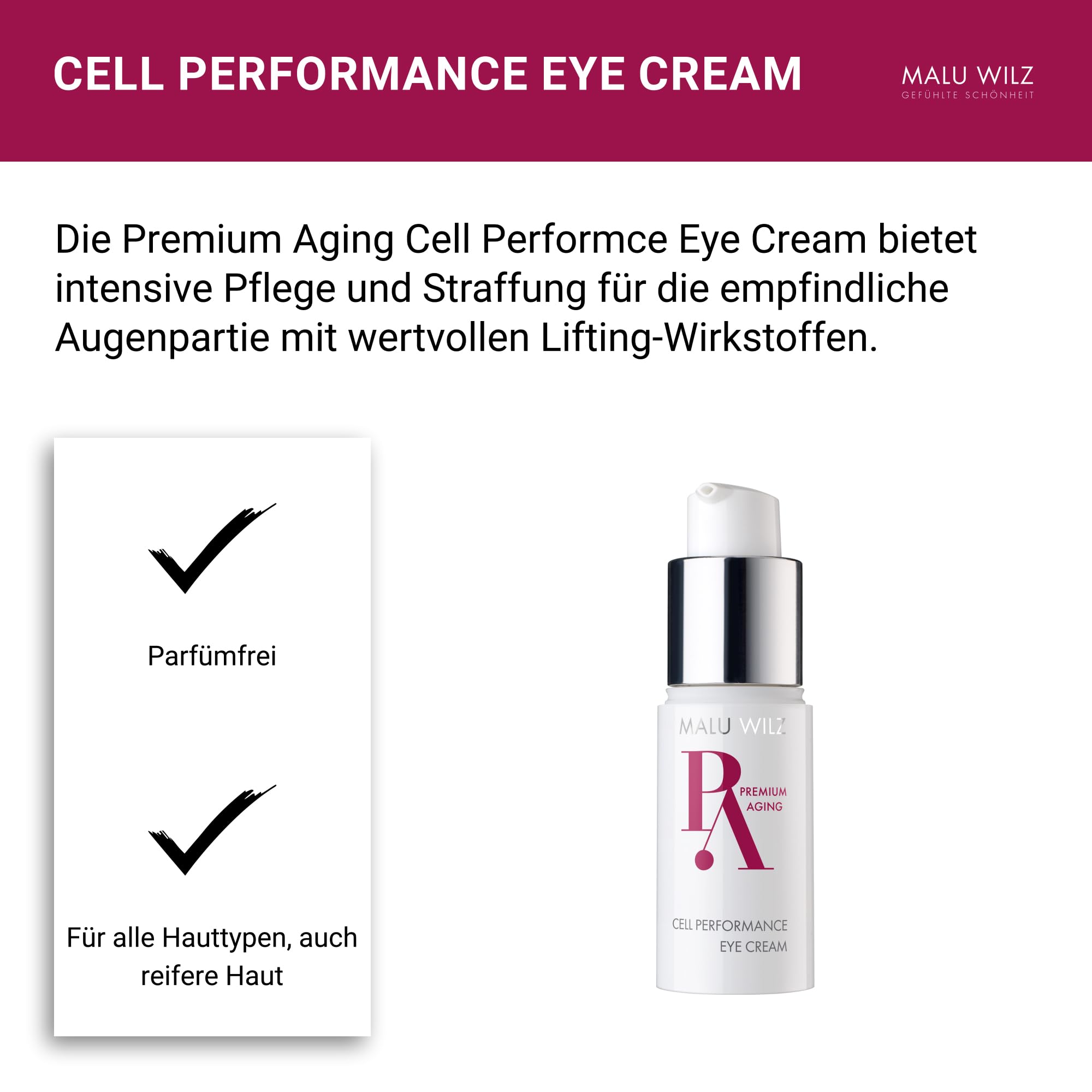 Malu Wilz Premium Aging Cell Performance Eye Cream 15ml I Anti Aging Augencreme gegen Falten und Augenringe I Augenpflege für beanspruchte Augenpartien
