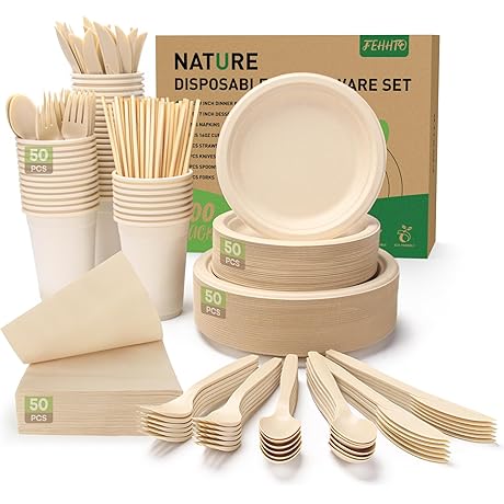 400-Piece Disposable Paper Plates, Utensils, and Cup Set: Eco-Friendly and Compostable Dinnerware