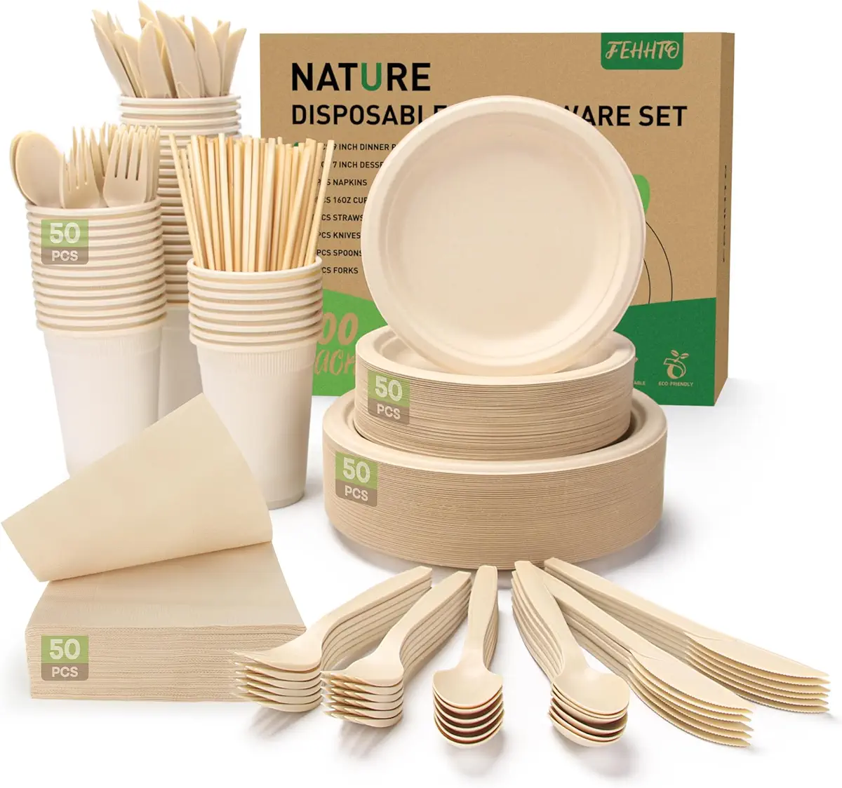 FEHHTO 400PCS Disposable Paper Plates Set, Compostable Eco-friendly Dinnerware Set, Biodegradable Heavy-Duty Paper Plates, Utensils, Cups and Straws for Party Camping 50 People